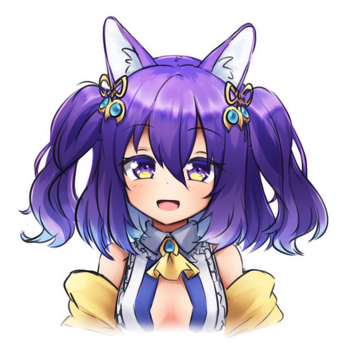 1girl :d animal_ears ascot bare_shoulders breasts colored_inner_hair commentary english_commentary eyebrows_visible_through_hair hair_between_eyes hair_ornament highres klaius looking_at_viewer medium_hair multicolored_hair open_mouth original purple_hair simple_background small_breasts smile solo twintails upper_body violet_eyes white_background yellow_neckwear