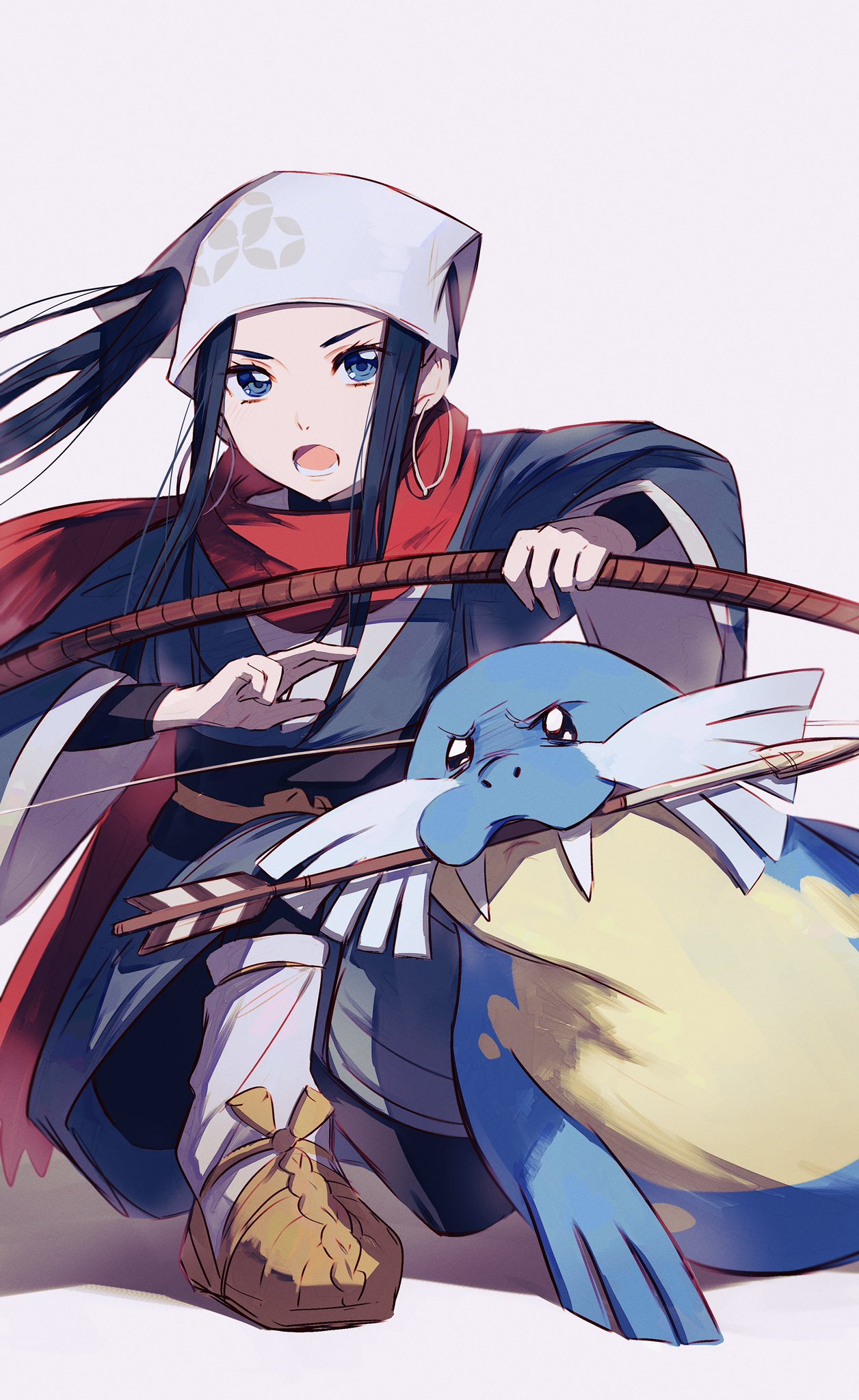 1girl arrow_(projectile) asirpa black_hair blue_eyes bow_(weapon) come_hither commentary_request cosplay earrings eyelashes female_protagonist_(pokemon_legends:_arceus) female_protagonist_(pokemon_legends:_arceus)_(cosplay) gen_3_pokemon golden_kamuy hamachamu highres holding holding_bow_(weapon) holding_weapon hoop_earrings jewelry long_hair looking_at_viewer open_mouth pokemon pokemon_(creature) pokemon_(game) pokemon_legends:_arceus sash sealeo sidelocks socks squatting teeth tongue weapon