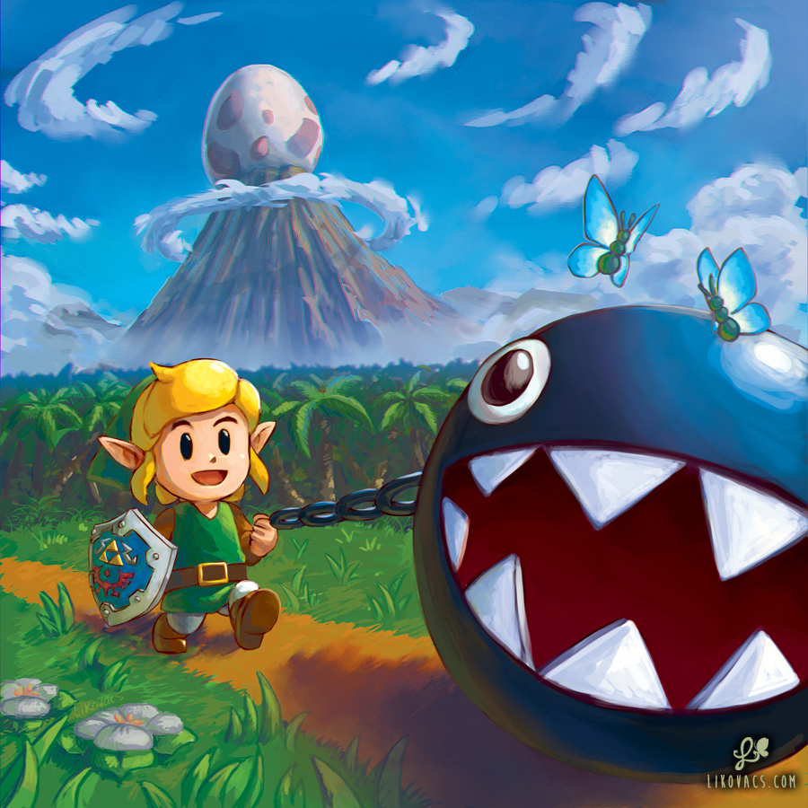 1boy blonde_hair blue_eyes brown_footwear bug butterfly chain chain_chomp clouds day egg english_commentary field flower green_shirt hat holding hylian_shield insect leash likovacs link long_sleeves male_focus mountain open_mouth pointy_ears shield shirt sky smile the_legend_of_zelda the_legend_of_zelda:_link's_awakening tunic walking watermark web_address