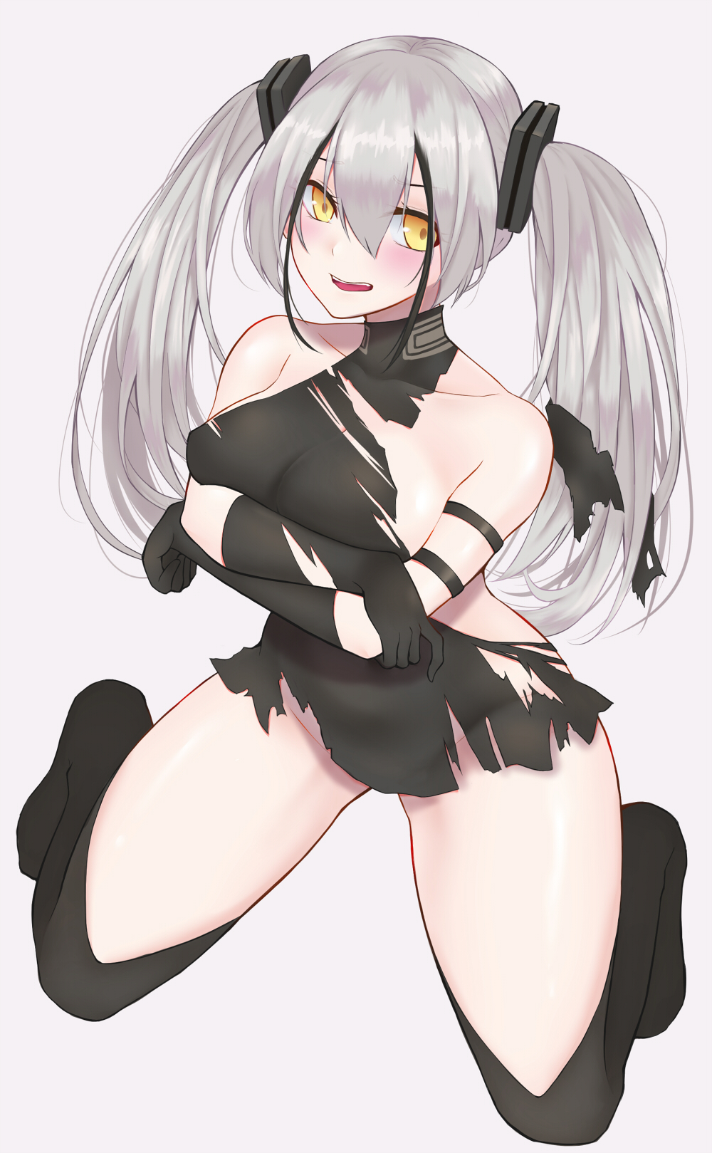 1girl bangs black_bodysuit black_legwear blush bodysuit breasts crossed_arms destroyer_(girls_frontline) eyebrows_visible_through_hair girls_frontline grey_hair highres long_hair open_mouth pao_mian+dan sangvis_ferri sitting solo spread_legs thigh-highs torn_bodysuit torn_clothes twintails white_background yellow_eyes