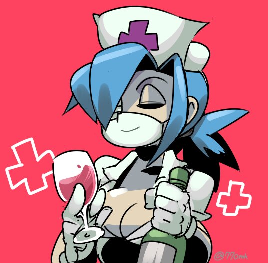 1girl 770mk alcohol blue_hair bottle breasts closed_eyes cross cup drinking_glass gloves hair_over_one_eye hat large_breasts nurse nurse_cap one-eyed pink_background ponytail red_cross skullgirls twitter_username valentine_(skullgirls) white_gloves wine wine_bottle wine_glass