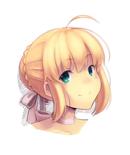 1girl ahoge artoria_pendragon_(all) blonde_hair boa_(brianoa) braid braided_bun choker closed_mouth fate/stay_night fate_(series) green_eyes hair_ribbon looking_at_viewer lowres ribbon saber short_hair simple_background smile solo white_background