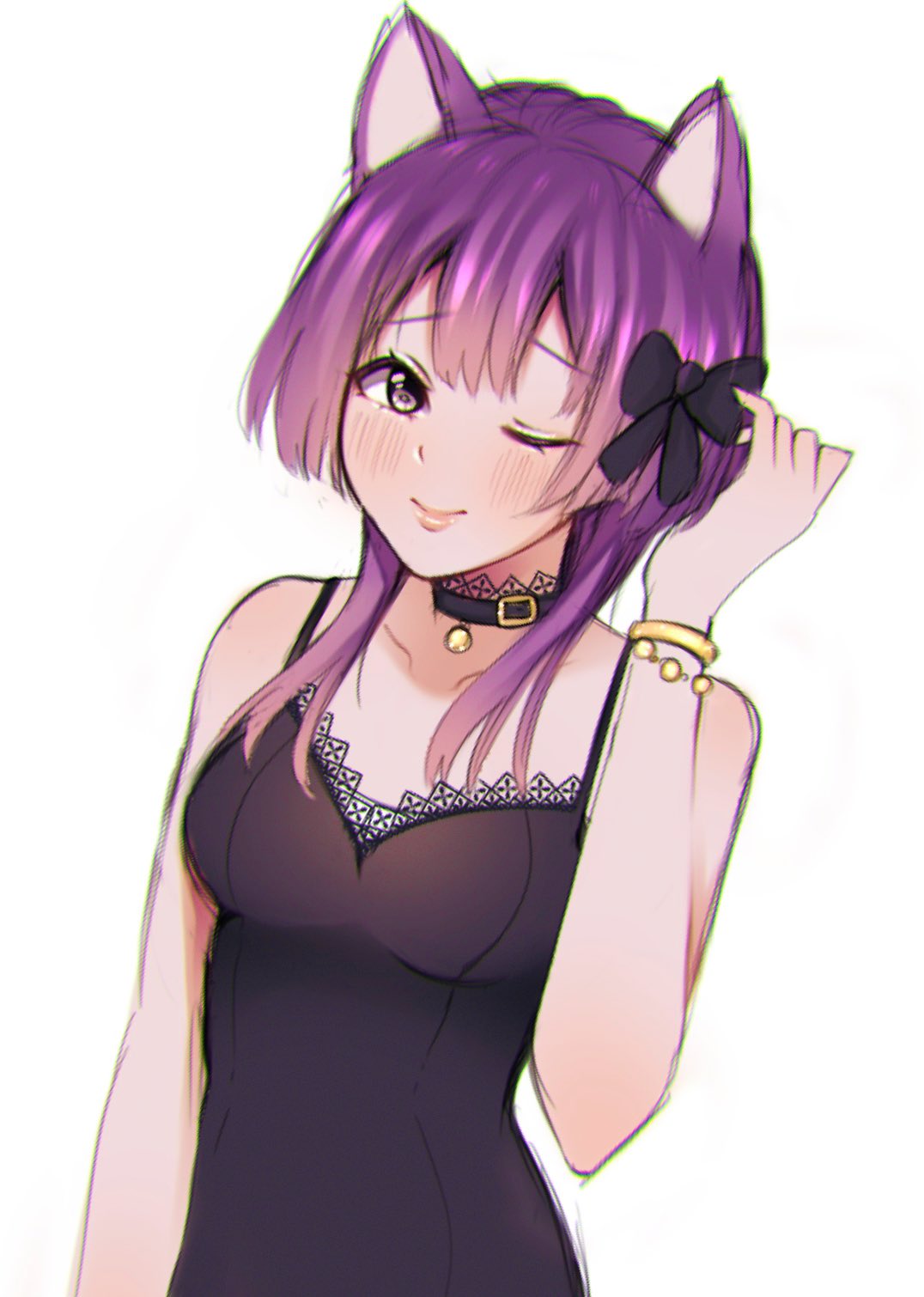 1girl ;) animal_ears bangs bare_arms bare_shoulders bernadetta_von_varley black_bow black_choker blush bow bracelet breasts cat_ears choker chromatic_aberration commentary fire_emblem fire_emblem:_three_houses hair_bow hand_up highres jewelry jxh_soda long_hair looking_at_viewer medium_breasts one_eye_closed purple_hair simple_background smile solo spaghetti_strap upper_body violet_eyes white_background