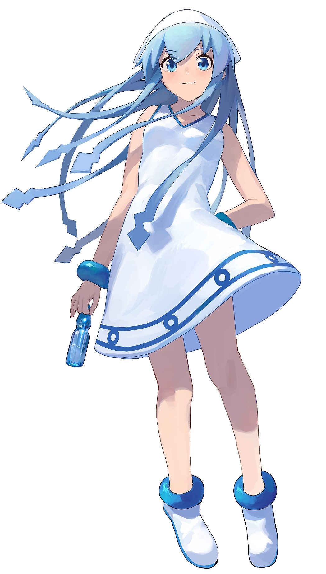 1girl bangs bare_arms bare_shoulders blue_eyes blue_hair blush bottle breasts closed_mouth commentary_request dress eyebrows_visible_through_hair hair_between_eyes hat highres holding holding_bottle ikamusume long_hair ramune shinryaku!_ikamusume shoes simple_background sleeveless sleeveless_dress small_breasts smile solo squid_hat suketoudara_(artist) tentacle_hair very_long_hair white_background white_dress white_footwear white_headwear