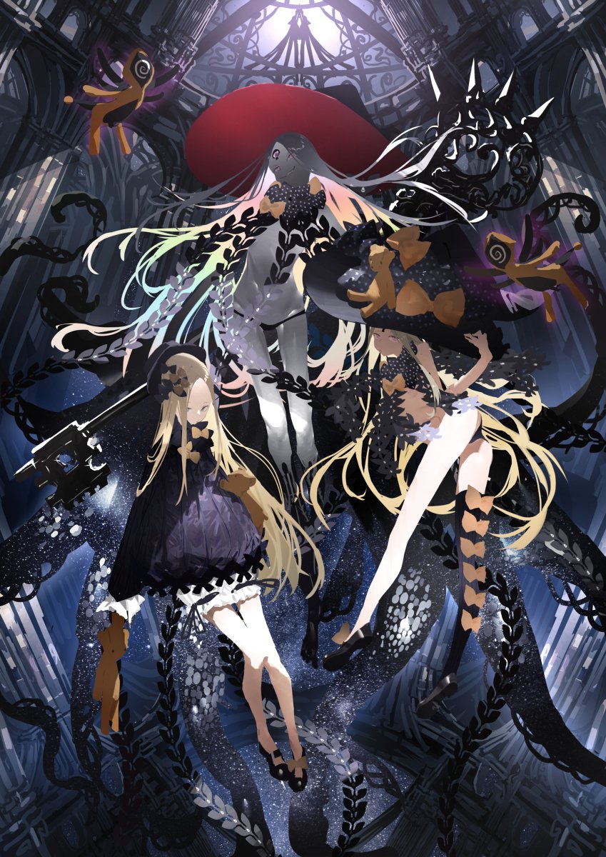 3girls abigail_williams_(fate) ass bangs bare_shoulders black_bow black_dress black_footwear black_headwear black_panties blonde_hair blue_eyes bow breasts colored_skin dress fate/grand_order fate_(series) forehead grin hair_bow hat highres key keyhole kuronoiparoma legs long_hair multiple_bows multiple_girls multiple_hair_bows multiple_hat_bows multiple_persona navel orange_bow panties parted_bangs polka_dot polka_dot_bow ribbed_dress sharp_teeth sleeves_past_fingers sleeves_past_wrists small_breasts smile staff stuffed_animal stuffed_toy teddy_bear teeth tentacles third_eye underwear violet_eyes white_bloomers white_hair white_skin witch_hat