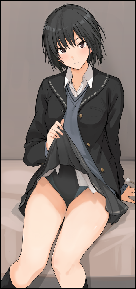 1girl amagami arm_at_side bed_sheet black_hair black_jacket black_legwear black_skirt black_swimsuit blazer blush brown_eyes closed_mouth collared_shirt competition_swimsuit feet_out_of_frame jacket kibito_high_school_uniform kneehighs lifted_by_self long_sleeves looking_at_viewer miniskirt mobu nanasaki_ai on_bed one-piece_swimsuit open_clothes open_jacket pleated_skirt school_uniform shirt short_hair sitting sitting_on_bed skirt skirt_lift smile solo sweater_vest swimsuit swimsuit_under_clothes unbuttoned