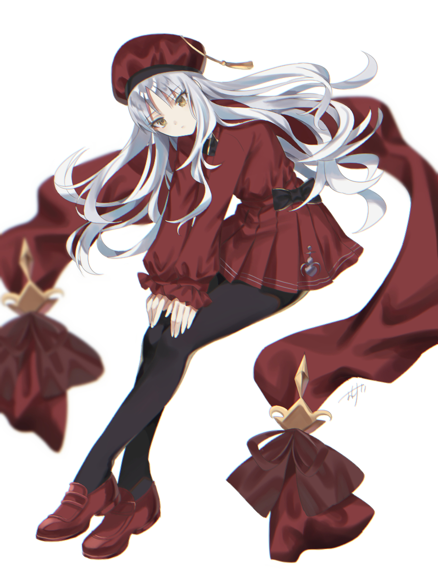 1girl black_legwear caren_hortensia caren_hortensia_(amor_caren) eyebrows_visible_through_hair fate/grand_order fate_(series) floating_hair loafers long_hair long_sleeves looking_at_viewer miniskirt oshage_(user_kpsn5534) pantyhose pleated_skirt red_footwear red_headwear red_shirt red_skirt shirt shoes silver_hair simple_background skirt solo very_long_hair white_background yellow_eyes