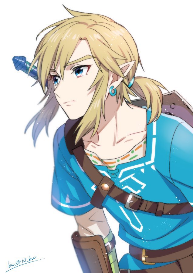 1boy ar_(rikuesuto) bangs blonde_hair blue_eyes closed_mouth dated earrings gloves jewelry link male_focus over_shoulder pointy_ears ponytail shield simple_background solo sword the_legend_of_zelda tunic upper_body weapon weapon_over_shoulder white_background