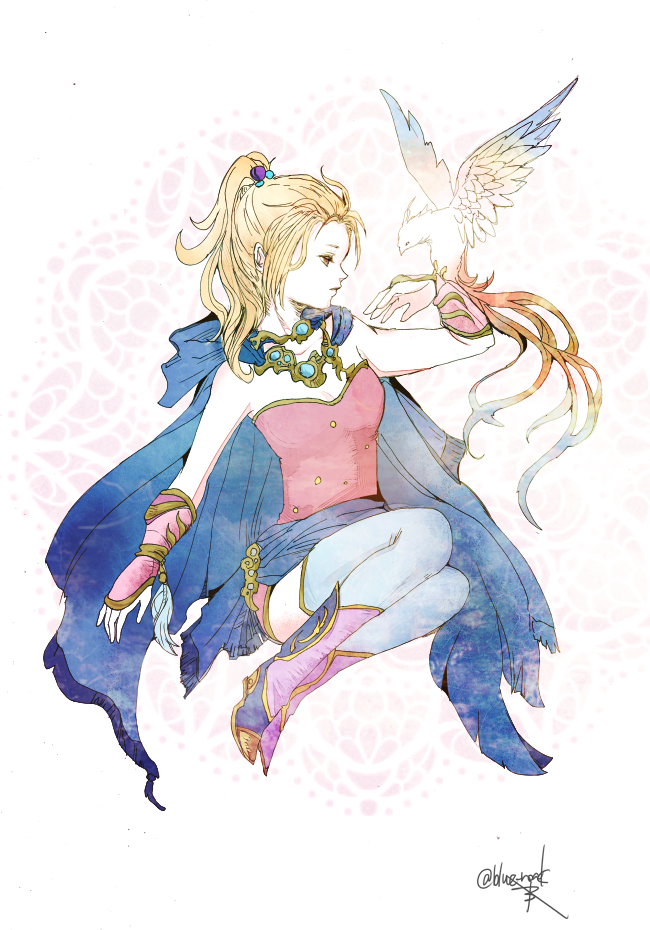 1girl animal_on_arm bird bird_on_arm blonde_hair blue_cloak bracelet cloak dress final_fantasy final_fantasy_v high_ponytail hood hooded_cloak jewelry krile_mayer_baldesion lavender_legwear long_hair looking_to_the_side pink_dress pink_footwear ruka_(blueplus84) sitting solo strapless strapless_dress thigh-highs yokozuwari zettai_ryouiki