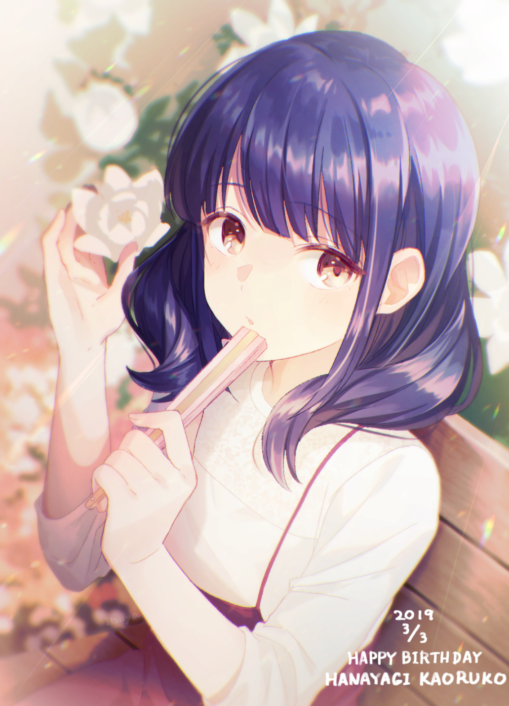 1girl artist_name bangs bench blurry blurry_background brown_eyes character_name commentary dated day dress eyebrows_visible_through_hair fan fan_to_mouth flower folding_fan hanayagi_kaoruko hands_up happy_birthday highres holding holding_fan holding_flower itsuya_(daystar) light_blush long_hair looking_at_viewer looking_to_the_side on_bench outdoors park_bench parted_lips purple_hair red_dress shiny shiny_hair shirt shoujo_kageki_revue_starlight sidelocks sitting sleeveless sleeveless_dress sleeves_past_elbows solo spaghetti_strap sunlight upper_body white_flower white_shirt