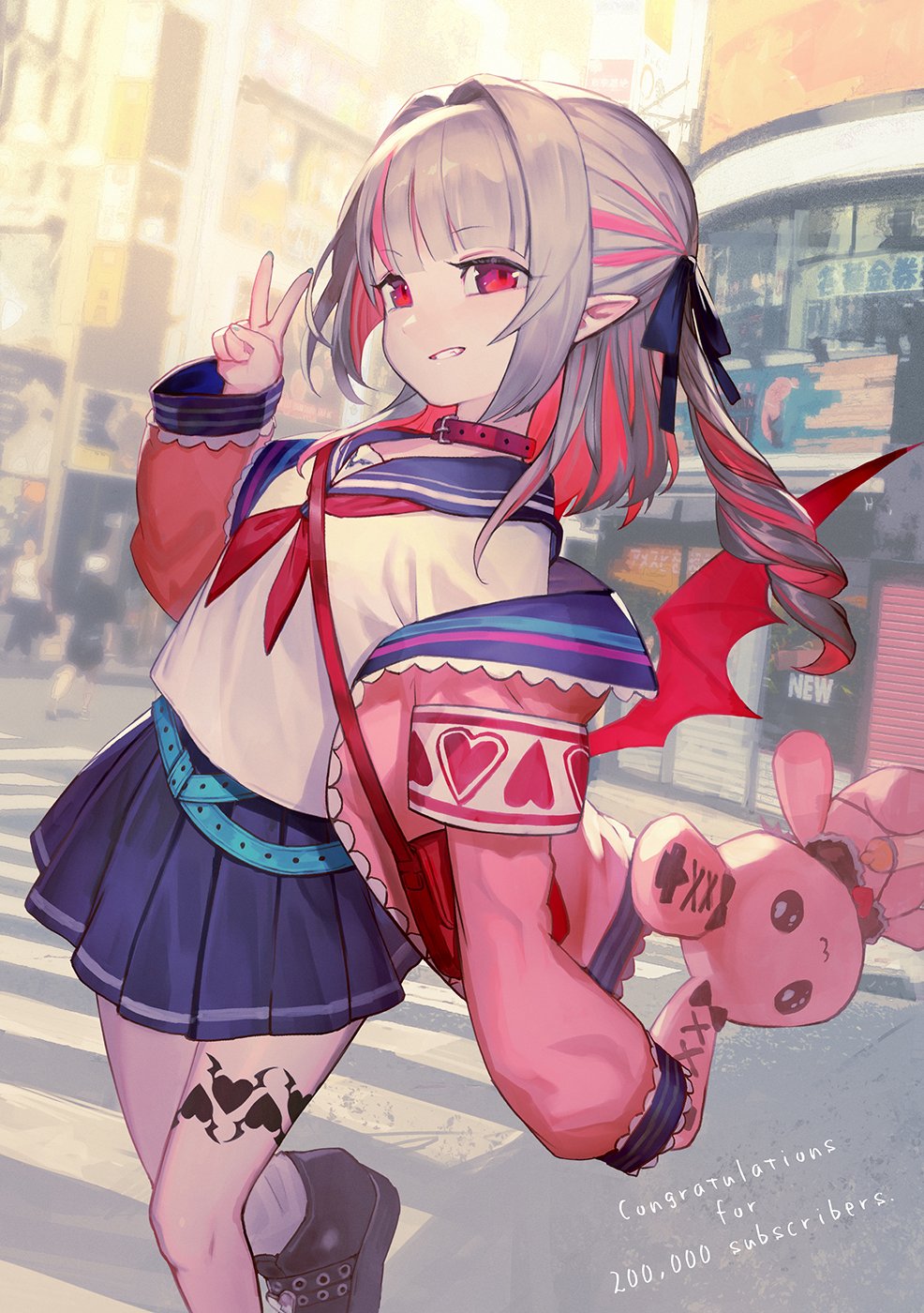 1girl armband bag belt blue_sailor_collar boots building collar commentary crosswalk demon_girl demon_wings drill_hair eyebrows_visible_through_hair grey_hair hair_intakes handbag highres holding holding_stuffed_toy jacket lack makaino_ririmu multicolored_hair neckerchief nijisanji off_shoulder open_clothes open_jacket outdoors parted_lips pink_jacket pleated_skirt pointy_ears red_collar red_eyes red_neckwear red_wings redhead sailor_collar shirt sidelocks skirt sleeves_past_wrists smile socks solo streaked_hair stuffed_animal stuffed_bunny stuffed_toy thigh_tattoo twin_drills two-tone_hair v virtual_youtuber wings