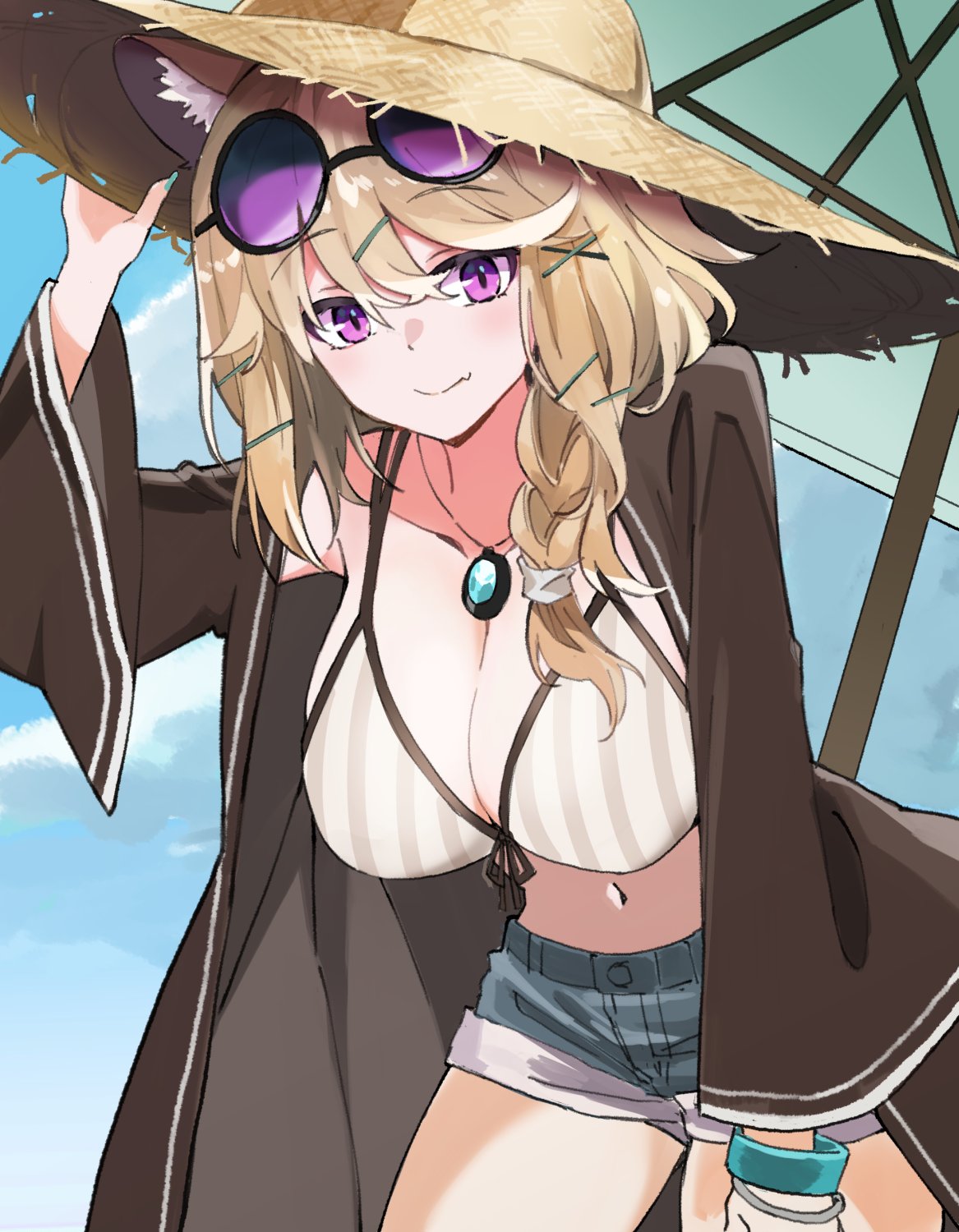 1girl amulet animal_ears aqua_nails arknights bikini bikini_top blonde_hair braid breasts brown_robe cowboy_shot denim denim_shorts exion_(neon) eyewear_on_head fang hair_ornament hairclip hanging_breasts hat highres large_breasts looking_at_viewer midriff navel official_alternate_costume open_clothes open_robe outdoors parasol robe shorts skin_fang sky smile solo standing straw_hat sunglasses swimsuit umbrella utage_(arknights) utage_(summer_flowers)_(arknights) violet_eyes wristband