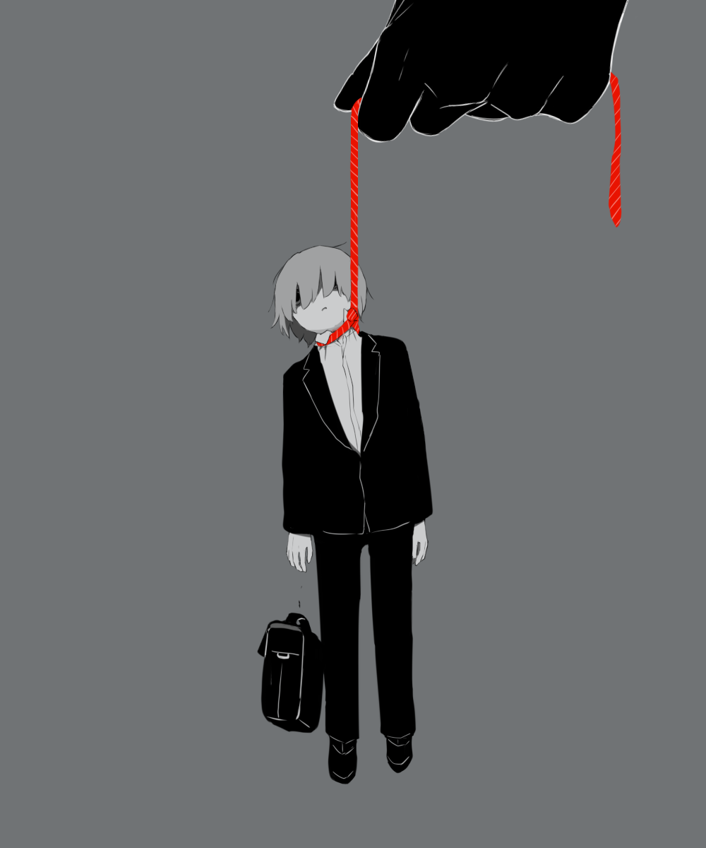1boy avogado6 black_footwear black_jacket black_pants business_suit colored_skin commentary_request formal grey_background grey_hair hanged highres holding jacket noose original pants shirt simple_background solo solo_focus suit suitcase symbolism white_shirt white_skin