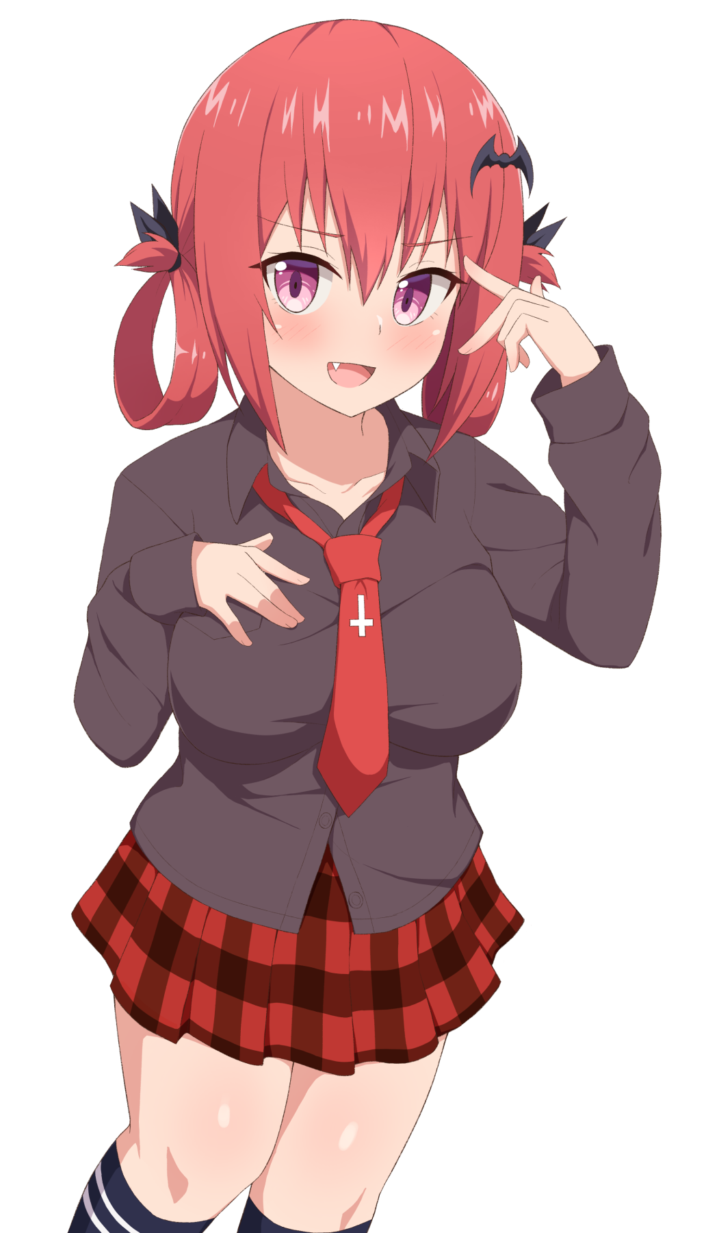 1girl bat_hair_ornament black_shirt blush breasts commentary_request fang gabriel_dropout hair_ornament hair_rings highres kurumizawa_satanichia_mcdowell large_breasts long_sleeves looking_at_viewer necktie nyaroon open_mouth pink_eyes plaid plaid_skirt red_neckwear red_skirt redhead shirt short_hair simple_background skirt smile solo white_background