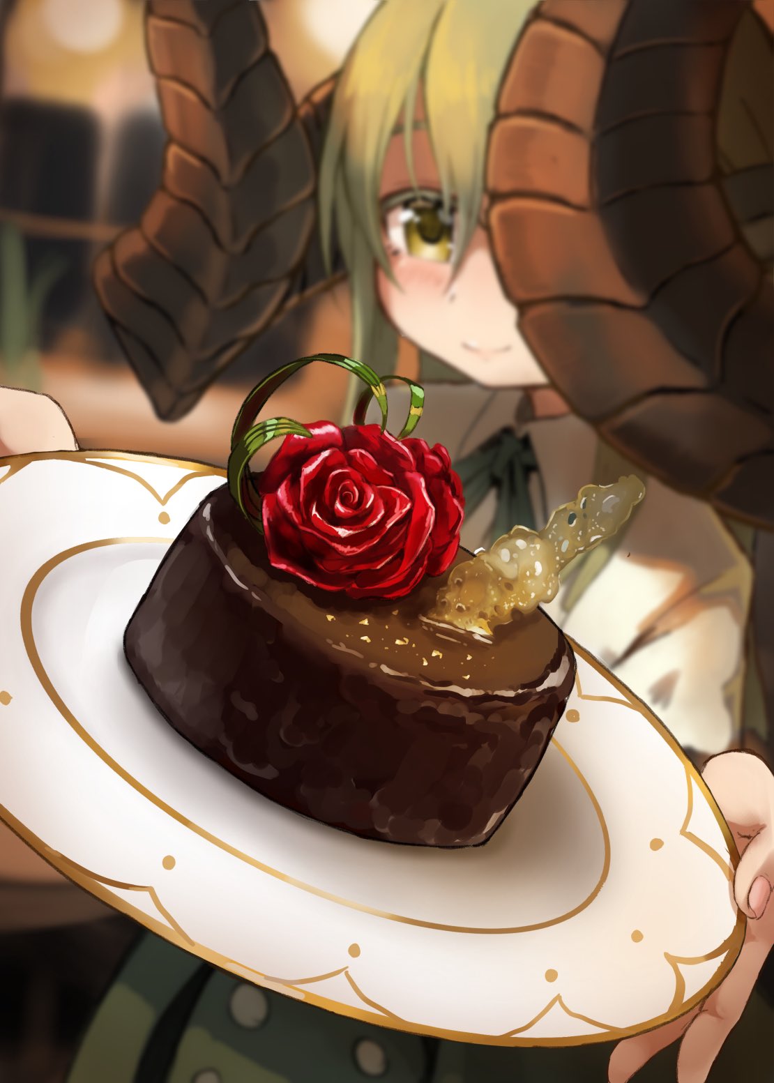 159cm 1girl blurry blurry_foreground blush cake chocolate_cake closed_mouth curled_horns depth_of_field fingernails flower food gran-chan_(159cm) green_hair green_neckwear green_ribbon hair_between_eyes highres holding holding_plate horns huge_horns incoming_food looking_at_viewer neck_ribbon offering original plate red_flower red_rose ribbon rose shirt smile solo white_shirt yellow_eyes