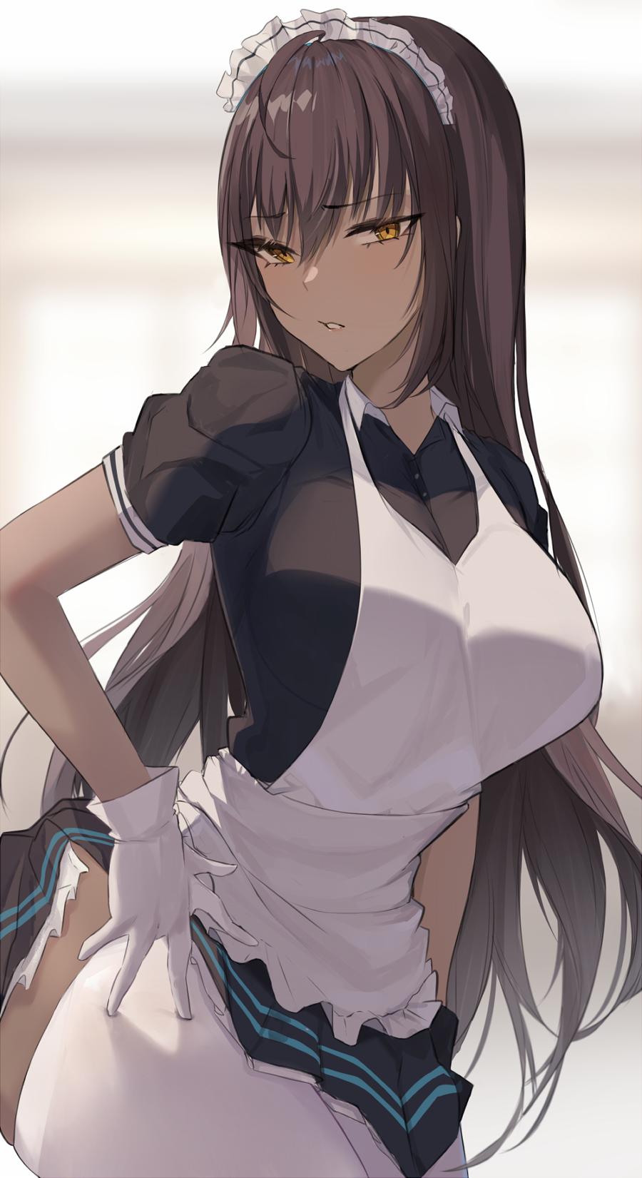 1girl apron bangs black_hair blue_archive blush breasts dark_skin dark-skinned_female gloves halo highres karin_(blue_archive) large_breasts long_hair looking_at_viewer maid_headdress oni_noodle pantyhose parted_lips puffy_short_sleeves puffy_sleeves short_sleeves thighs white_apron white_gloves white_legwear yellow_eyes