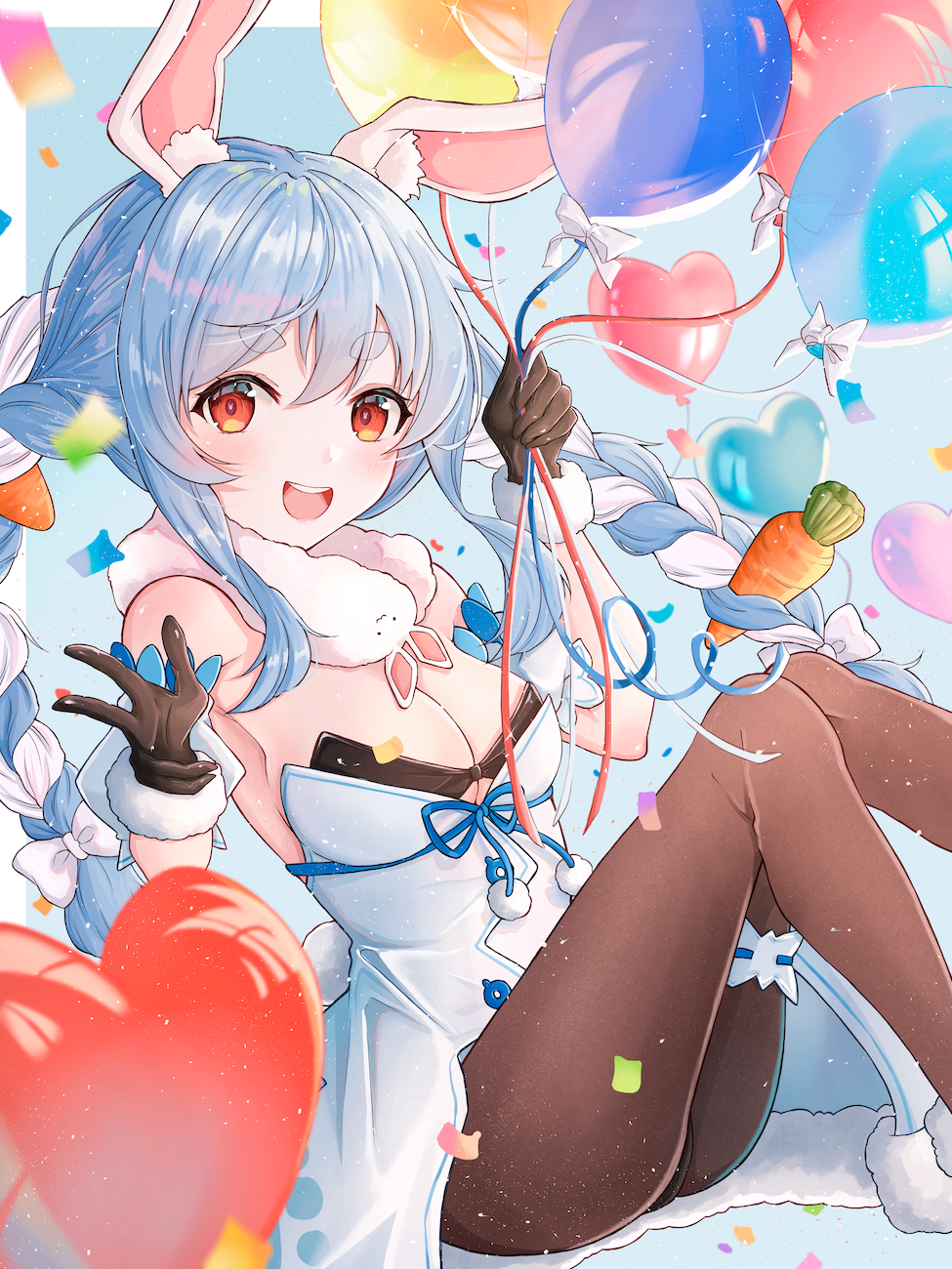 1girl :d aircraft animal_ear_fluff animal_ears balloon bangs black_gloves black_legwear black_leotard blue_hair braid breasts bunny-shaped_pupils carrot_hair_ornament clothing_cutout coat detached_sleeves don-chan_(usada_pekora) food_themed_hair_ornament fur-trimmed_coat fur-trimmed_gloves fur_scarf fur_trim garters gloves hair_between_eyes hair_ornament heart_balloon highres hikimayu holding holding_balloon hololive hot_air_balloon leotard leotard_under_clothes light_blush long_hair looking_at_viewer medium_breasts minausa multicolored_hair open_mouth orange_eyes pantyhose playboy_bunny puffy_short_sleeves puffy_sleeves rabbit_ears scarf short_eyebrows short_sleeves single_garter sitting smile solo strapless strapless_coat strapless_leotard tail_cutout twin_braids twintails two-tone_hair underboob_cutout upper_teeth usada_pekora v virtual_youtuber white_coat white_hair white_scarf white_sleeves