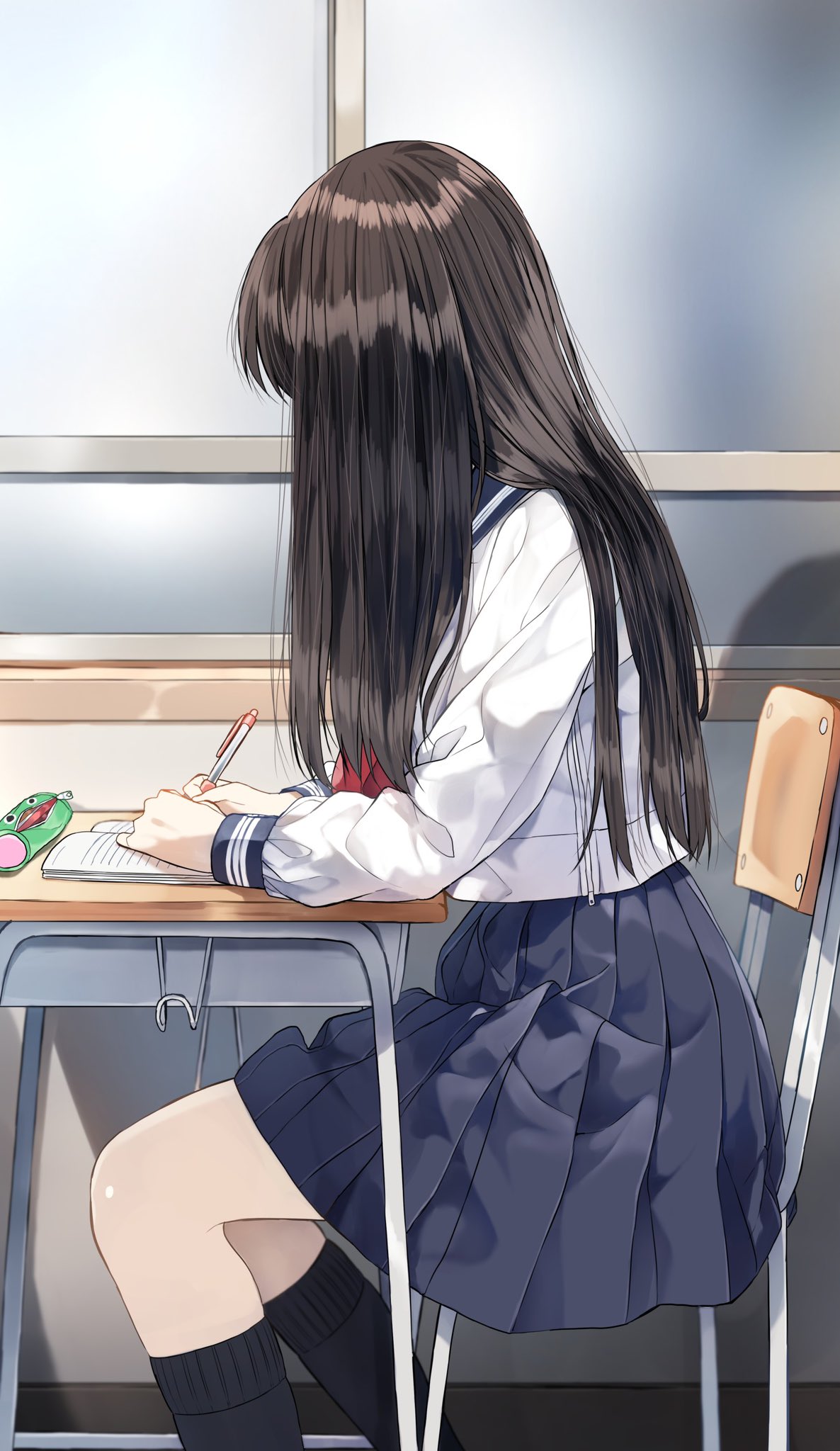 1girl black_hair black_legwear blue_sailor_collar blue_skirt chair commentary_request desk feet_out_of_frame from_side highres holding holding_pencil indoors long_hair long_sleeves on_chair original pencil pencil_case pentagon_(railgun_ky1206) pleated_skirt red_neckwear sailor_collar school_chair school_desk school_uniform serafuku shirt sitting skirt socks solo very_long_hair white_shirt