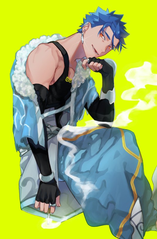 1boy alternate_hair_length alternate_hairstyle blue_hair bracelet capelet cigarette cu_chulainn_(fate)_(all) cu_chulainn_(fate/grand_order) earrings elbow_gloves fate/grand_order fate_(series) fingerless_gloves gloves head_rest jewelry kystktstura looking_at_viewer male_focus muscular muscular_male open_mouth red_eyes shiny short_hair smile smoke smoking solo