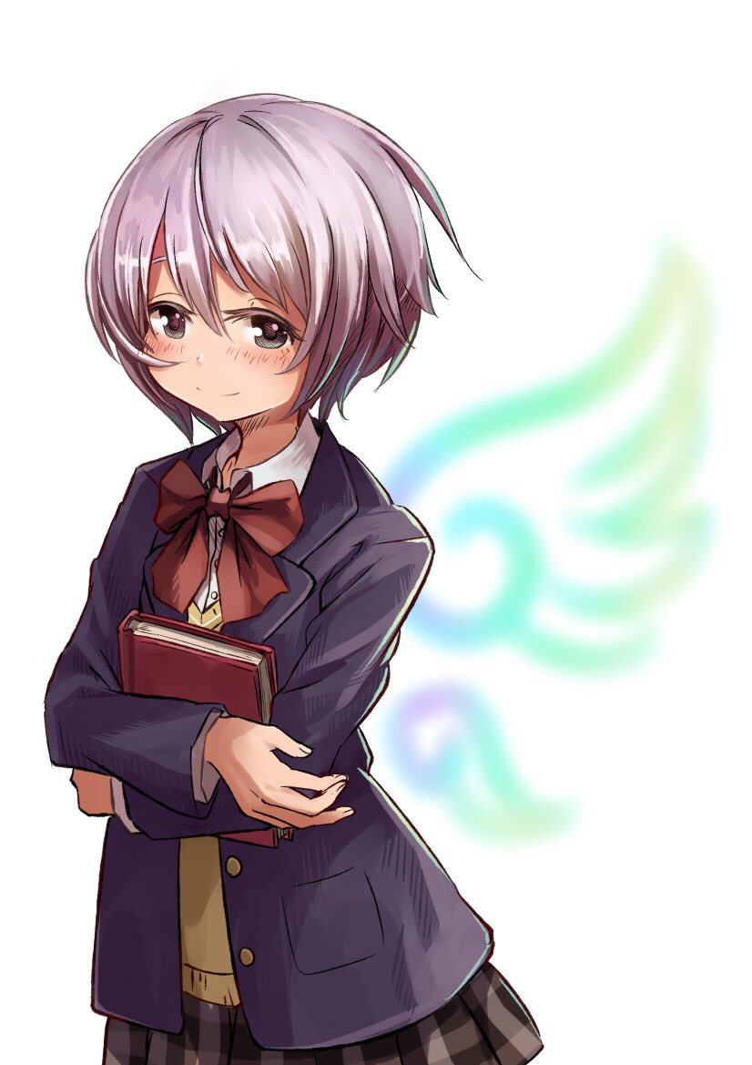 159cm 1girl blush book bow bowtie character_request cowboy_shot grey_eyes grey_skirt holding holding_book jacket jaku-chara_tomozaki-kun long_sleeves looking_at_viewer pink_hair pleated_skirt purple_jacket red_bow red_neckwear school_uniform shirt short_hair skirt smile solo sweater_vest vest white_shirt wings yellow_vest