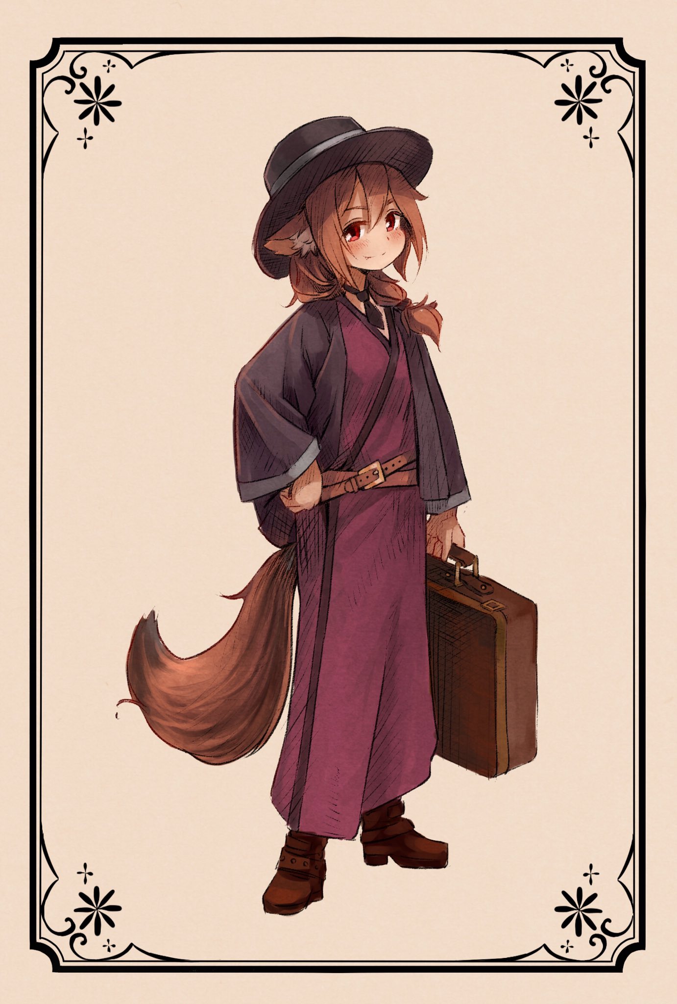 159cm belt black_headwear black_neckwear blush brown_belt closed_mouth full_body hair_between_eyes hair_over_shoulder haori hat highres holding holding_suitcase japanese_clothes kimono long_hair looking_at_viewer mini_necktie original red_eyes smile standing suitcase tail top_hat wine-chan_(159cm)
