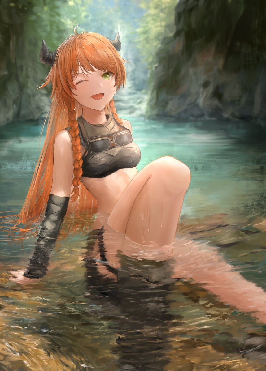 1girl ;d arknights bandaged_arm bandages bare_shoulders bikini black_bikini blush braid breasts cliff cow_girl cow_horns croissant croissant_(seeker)_(arknights) day food goggles goggles_around_neck green_eyes highres horns knee_up long_hair looking_at_viewer one_eye_closed open_mouth orange_hair outdoors partially_submerged pond sitting small_breasts smile solo swimsuit twin_braids uzurako very_long_hair water