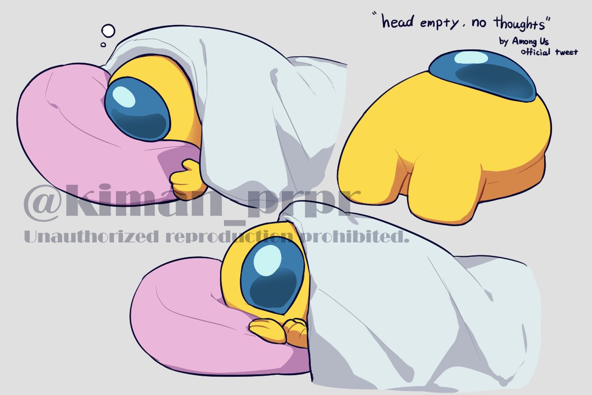 among_us artist_name blanket crewmate_(among_us) english_text facing_up facing_viewer full_body grey_background keyman looking_at_viewer lying no_humans on_back pillow simple_background spacesuit striped under_covers watermark
