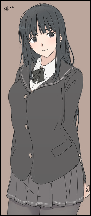 1girl amagami arms_behind_back ayatsuji_tsukasa black_eyes black_hair black_jacket black_legwear black_neckwear black_skirt blazer breasts brown_background cowboy_shot jacket kibito_high_school_uniform long_hair looking_at_viewer medium_breasts mobu pantyhose pleated_skirt school_uniform shirt skirt smile solo white_shirt