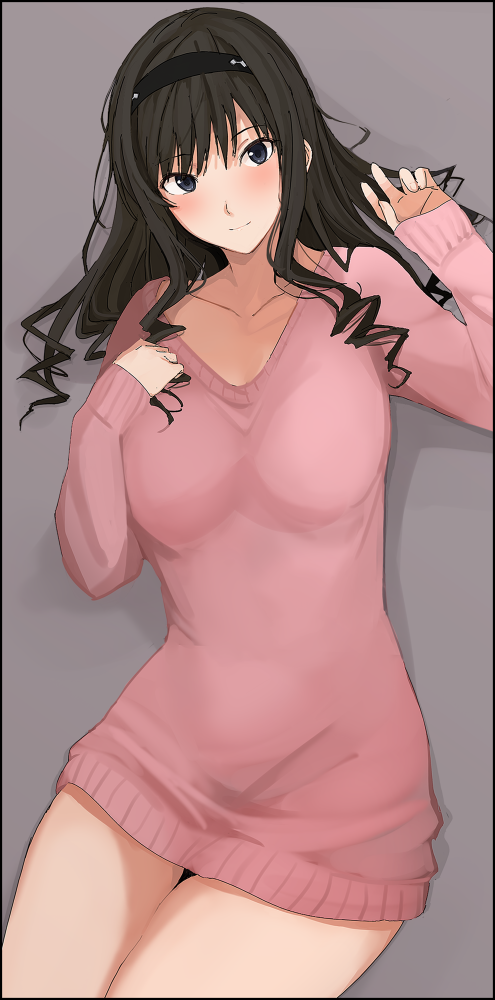 1girl amagami black_eyes black_hair black_headband blush breasts drill_hair grey_background hand_on_own_chest headband large_breasts long_hair looking_at_viewer mobu morishima_haruka pink_sweater sleeves_past_wrists smile solo sweater thighs