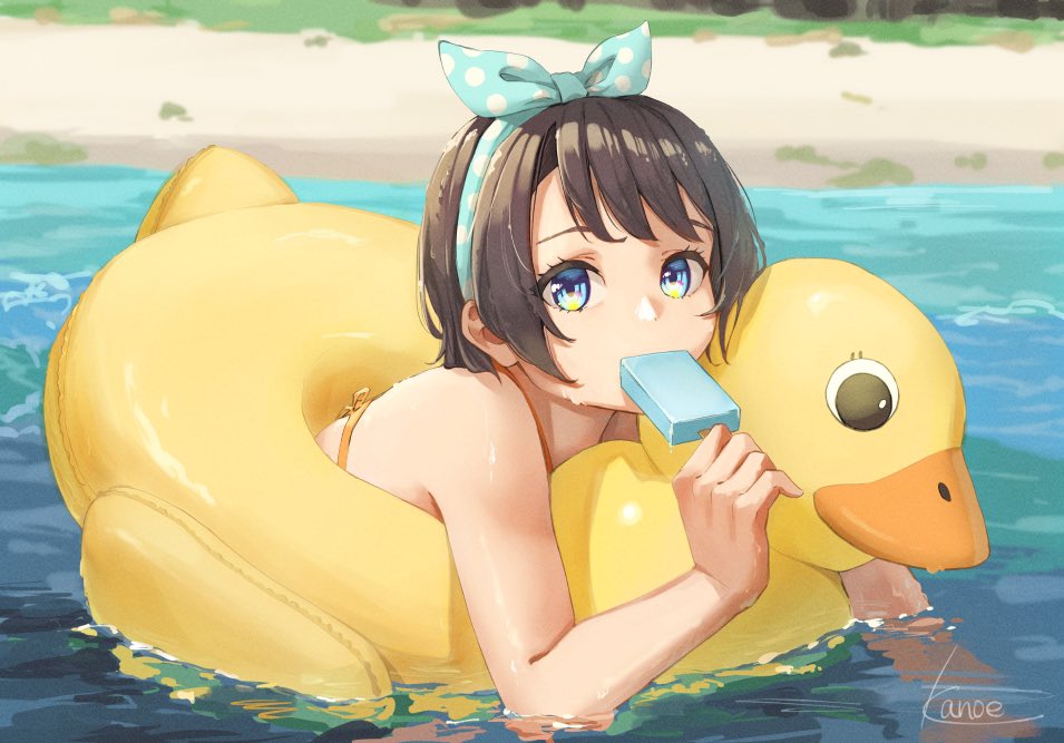 1girl bikini blue_eyes bow brown_hair duck_innertube eyebrows_behind_hair food hair_bow holding holding_food hololive in_mouth innertube kanoe_(tatsukanoe) leaning_forward ocean oozora_subaru orange_bikini polka_dot polka_dot_bow popsicle shore solo swimsuit virtual_youtuber water