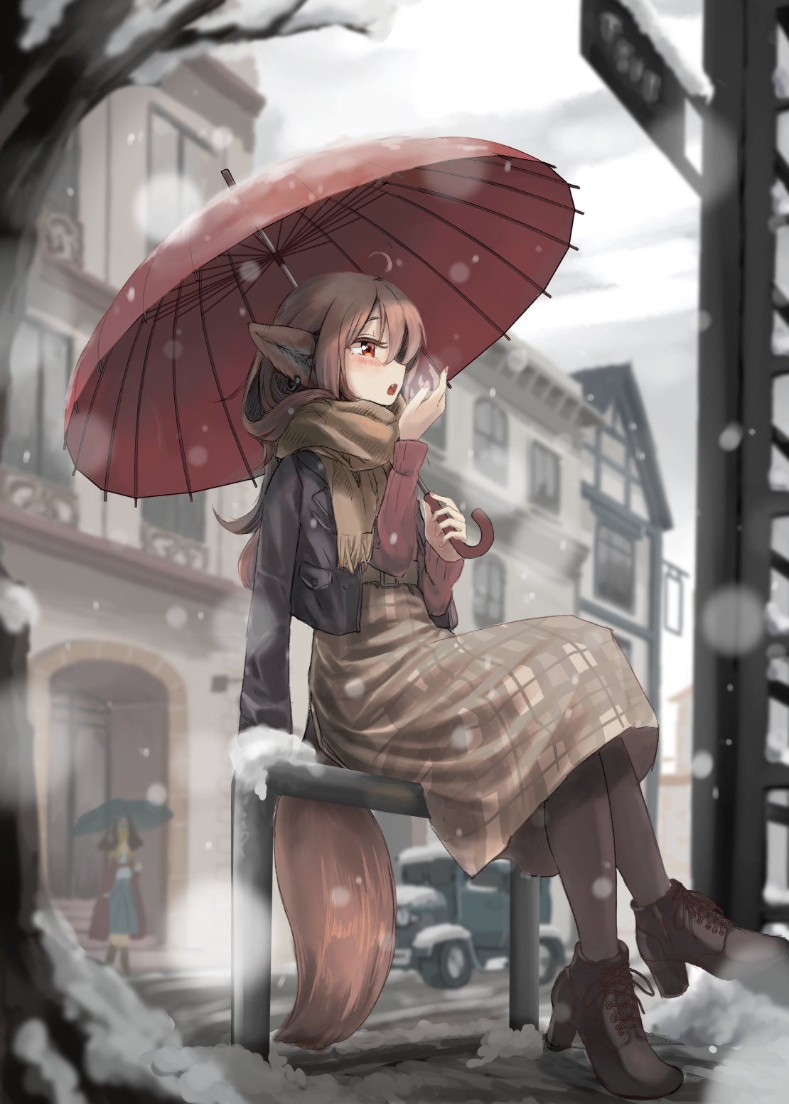 159cm 1girl ahoge animal_ears ankle_boots bare_tree blurry blurry_background blurry_foreground blush boots brown_hair brown_scarf crossed_legs depth_of_field dress from_side grey_dress grey_footwear grey_legwear hand_up high_heel_boots high_heels highres holding holding_umbrella long_hair long_sleeves oil-paper_umbrella original outdoors pantyhose parted_lips red_eyes red_sweater scarf sitting snow snowing solo sweater tail tree umbrella wine-chan_(159cm)