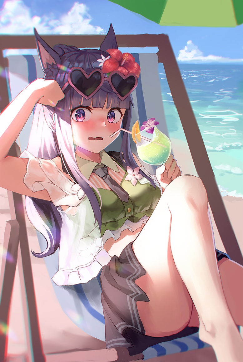 1girl animal_ears bangs bare_shoulders beach bikini bikini_top black_skirt blue_sky blush breasts collarbone cup drinking_glass eyewear_on_head flower gomashiwo_o green_bikini hair_flower hair_ornament heart heart-shaped_eyewear kasumi_(princess_connect!) knee_up long_hair medium_breasts miniskirt open_mouth ponytail princess_connect! princess_connect!_re:dive purple_hair sheer_clothes sidelocks sitting skirt sky sunglasses swimsuit thighs violet_eyes