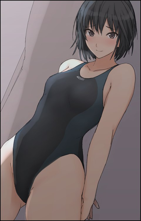 1girl amagami arms_behind_back ass_visible_through_thighs black_hair blush breasts brown-eared_bulbul competition_swimsuit dutch_angle looking_at_viewer mobu nanasaki_ai one-piece_swimsuit small_breasts smile solo swimsuit thighs