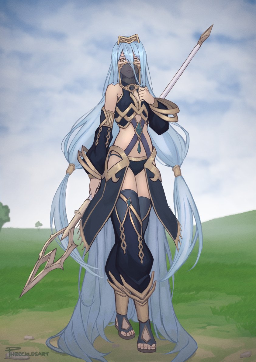 1girl anklet arabian_clothes armlet azura_(fire_emblem) barefoot blue_hair bracelet breasts circlet dancer dress elbow_gloves fingerless_gloves fire_emblem fire_emblem_fates gloves hair_between_eyes hairband harem_outfit jewelry long_hair looking_at_viewer mouth_veil phrecklesart solo veil very_long_hair yellow_eyes