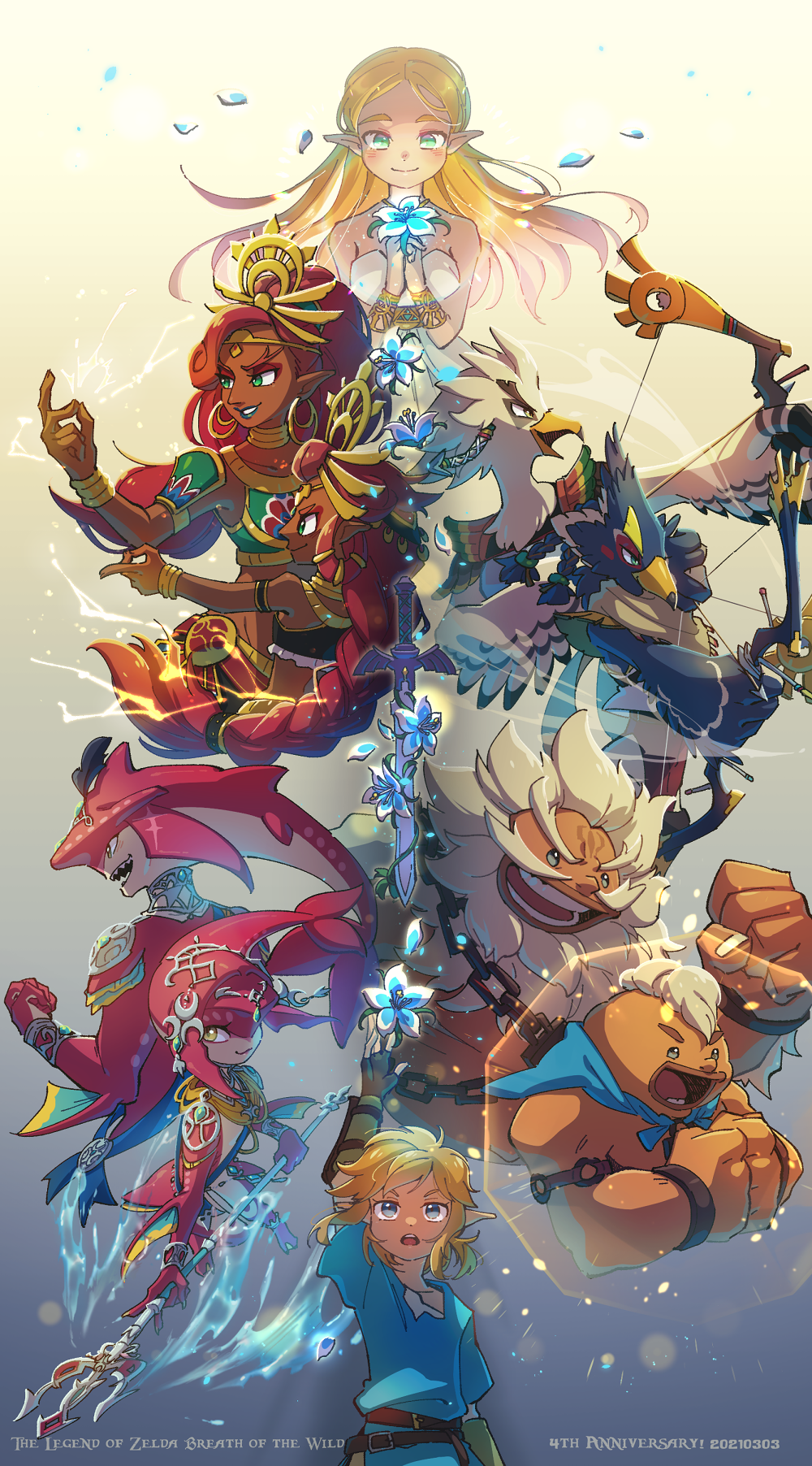 4girls 6+boys arm_up beak blonde_hair bow_(weapon) bracelet circlet dark_skin dark-skinned_female daruk dress electricity everyone facial_hair flower gerudo goron hair_ornament highres jewelry link master_sword mipha multiple_boys multiple_girls muscular muscular_male mustache neck_ring polearm princess_zelda redhead revali riju rito sidon smile snapping_fingers teba_(zelda) the_legend_of_zelda the_legend_of_zelda:_breath_of_the_wild trident ukata urbosa v-shaped_eyebrows weapon white_hair yunobo zora