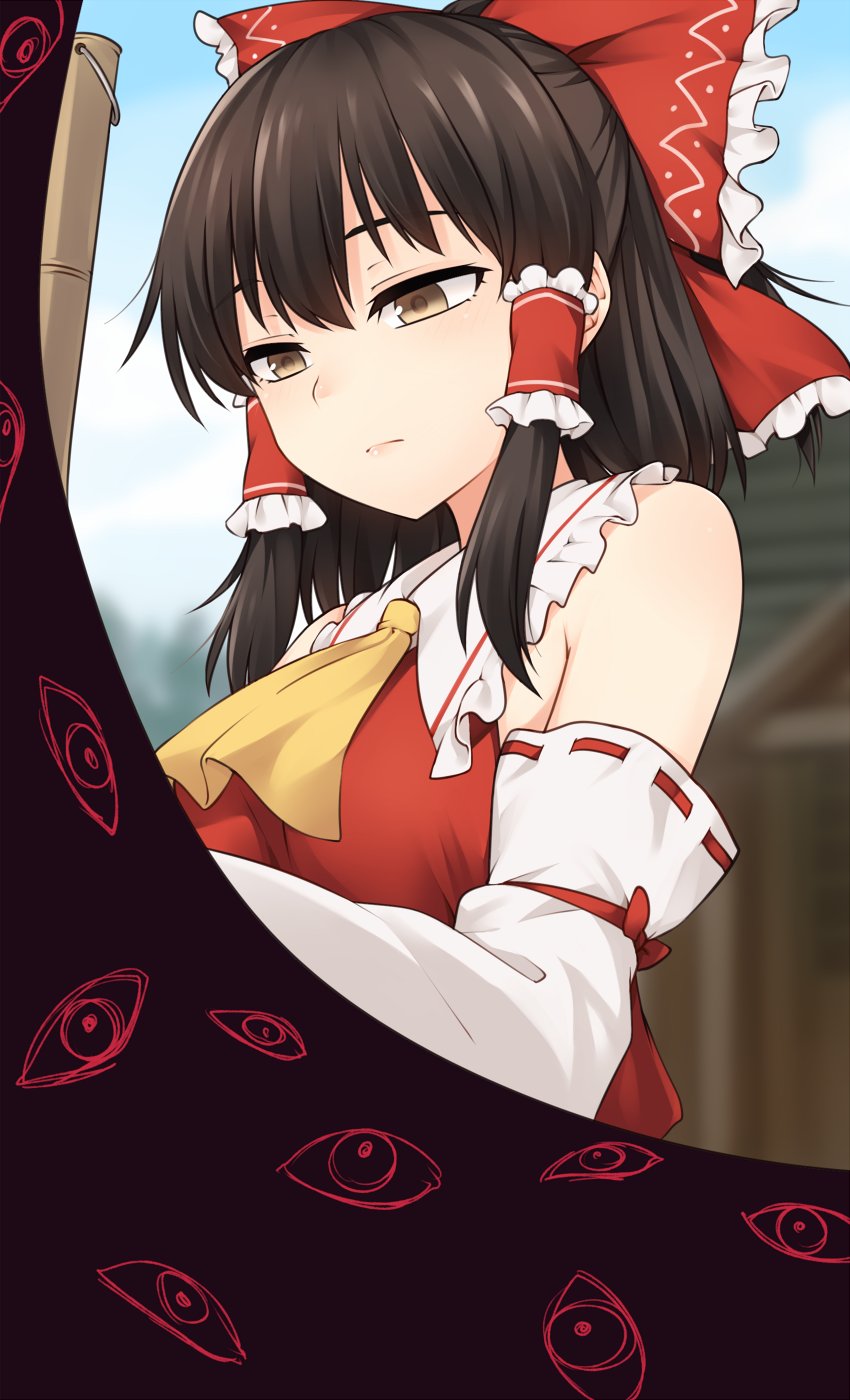 1girl ascot bangs bare_shoulders black_hair blurry blurry_background bow brown_eyes commentary detached_sleeves expressionless eyes frilled_bow frilled_shirt_collar frills gap_(touhou) hair_between_eyes hair_bow hair_tubes hakurei_reimu highres large_bow looking_away miyo_(ranthath) nontraditional_miko red_bow ribbon-trimmed_sleeves ribbon_trim short_hair solo touhou yellow_neckwear