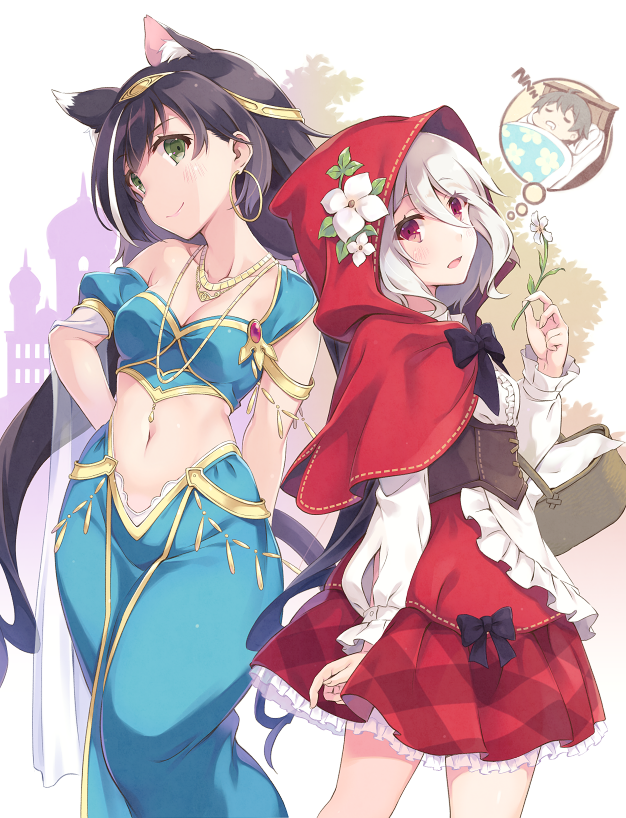 2girls aladdin_(disney) animal_ear_fluff animal_ears apron arabian_clothes arm_at_side arms_behind_back bangs black_bow black_hair blue_pants blush bow capelet cat_ears cat_girl cat_tail commentary_request cosplay crop_top detached_sleeves dress earrings eyebrows_visible_through_hair flower frilled_apron frilled_skirt frills gold_necklace green_eyes hand_up harem_outfit harem_pants holding holding_flower hood hooded_capelet itoichi. jasmine_(disney) jasmine_(disney)_(cosplay) jewelry karyl_(princess_connect!) kokkoro_(princess_connect!) little_red_riding_hood little_red_riding_hood_(grimm) little_red_riding_hood_(grimm)_(cosplay) long_hair long_sleeves looking_at_viewer multiple_girls navel necklace pants ponytail princess_connect! princess_connect!_re:dive red_capelet red_dress red_eyes red_skirt ribbon-trimmed_capelet ribbon-trimmed_dress short_sleeves sidelocks single_strap skirt smile tail thought_bubble very_long_hair white_apron white_flower white_hair yuuki_(princess_connect!)