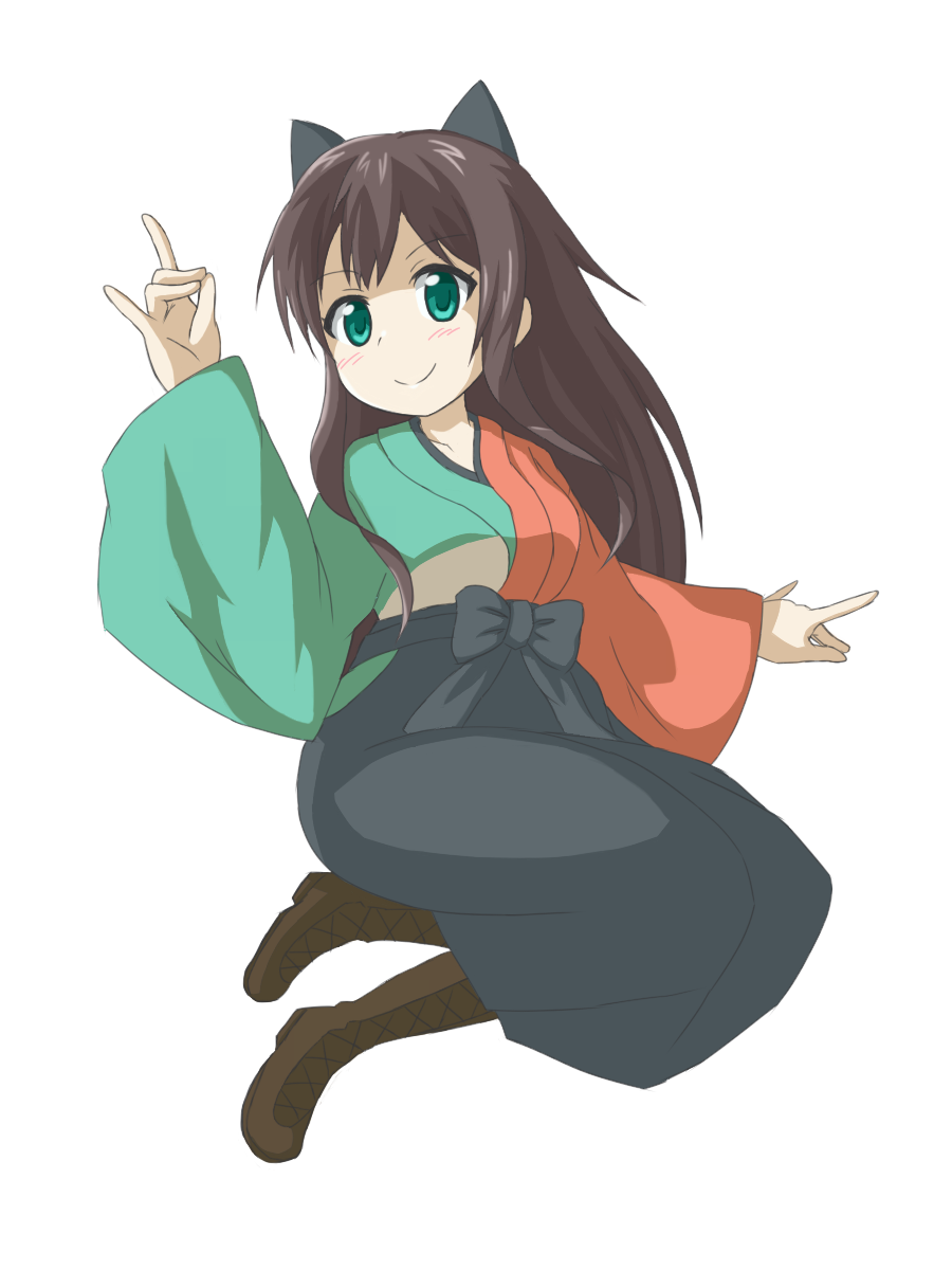 1girl bangs black_bow black_skirt blush boots bow brown_footwear brown_hair closed_mouth commentary_request eabo19tw eyebrows_visible_through_hair fox_shadow_puppet full_body green_eyes hair_bow hand_up highres japanese_clothes kimono light_blush long_hair long_skirt long_sleeves looking_at_viewer multicolored multicolored_clothes multicolored_kimono outstretched_arms sash skirt sleeves_past_wrists smile solo tatsumi_kon urara_meirochou very_long_hair white_background