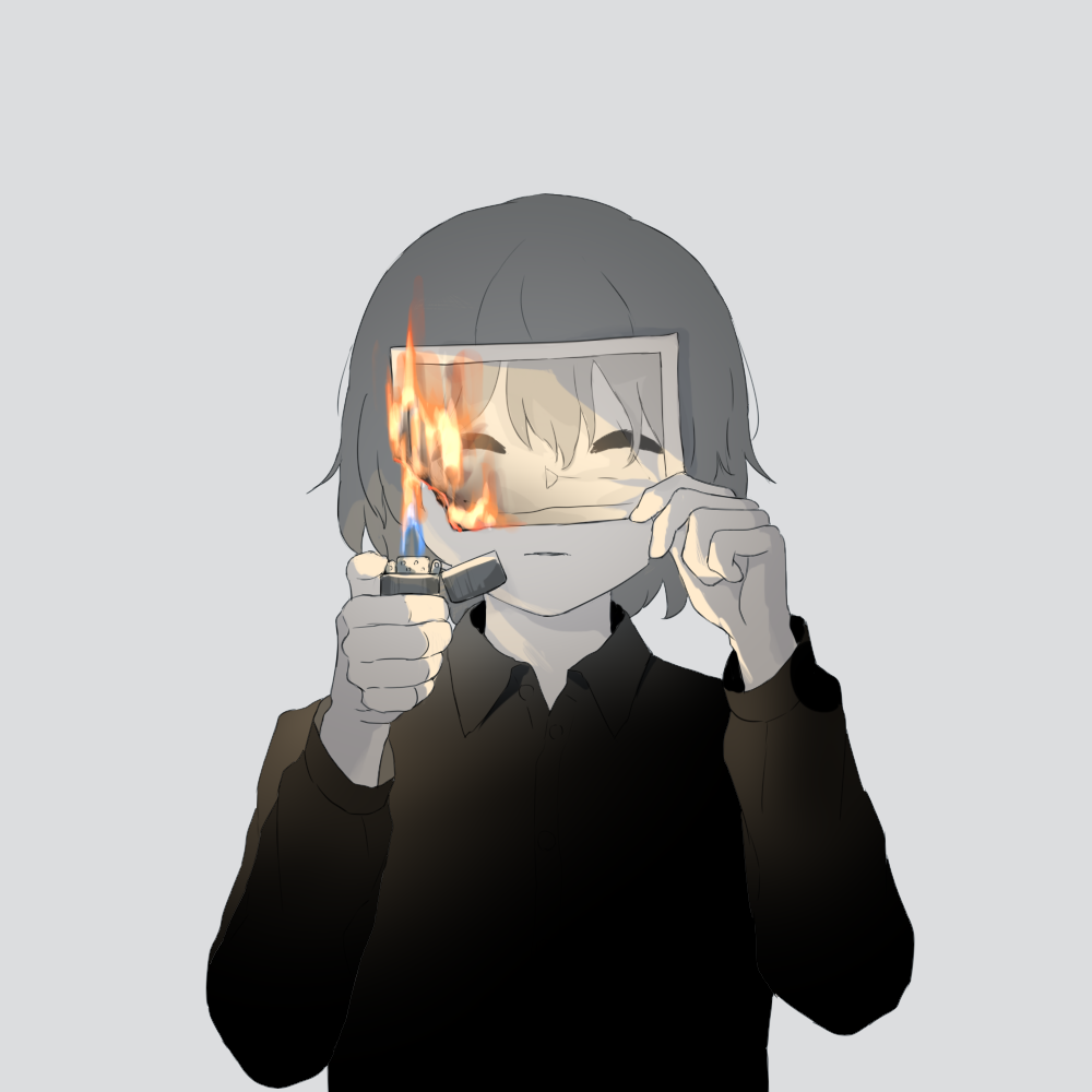 1boy avogado6 black_shirt burning closed_eyes colored_skin commentary_request facing_viewer grey_hair grey_skin holding holding_lighter holding_photo long_sleeves male_focus original photo_(object) shirt simple_background solo symbolism white_background