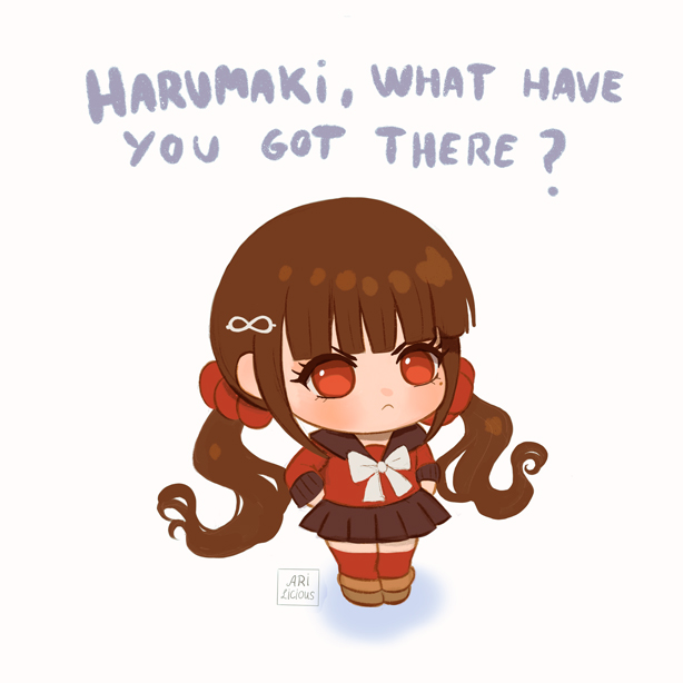 1girl arms_behind_back bangs black_sailor_collar black_skirt blunt_bangs blush brown_hair chibi dangan_ronpa_(series) dangan_ronpa_v3:_killing_harmony frown full_body hair_ornament hairclip harukawa_maki long_sleeves looking_at_viewer low_twintails miniskirt missarilicious mole mole_under_eye pleated_skirt red_eyes red_legwear red_scrunchie red_shirt sailor_collar school_uniform scrunchie shirt skirt solo symbol_commentary thigh-highs twintails zettai_ryouiki