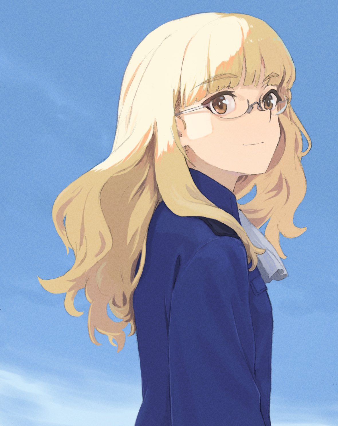 1girl blonde_hair breasts brown_eyes glasses highres long_hair military military_uniform neckerchief perrine_h_clostermann shiratama_(hockey) sky small_breasts smile solo strike_witches thick_eyebrows uniform world_witches_series