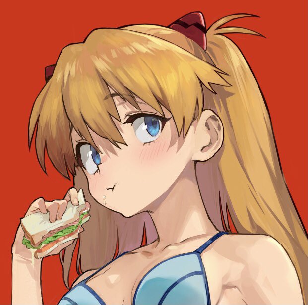 bikini bikini_top blue_eyes close-up commentary_request eating eyebrows_visible_through_hair food food_on_face holding holding_food interface_headset looking_at_viewer medium_hair neon_genesis_evangelion nonco orange_hair portrait red_background sandwich souryuu_asuka_langley swimsuit