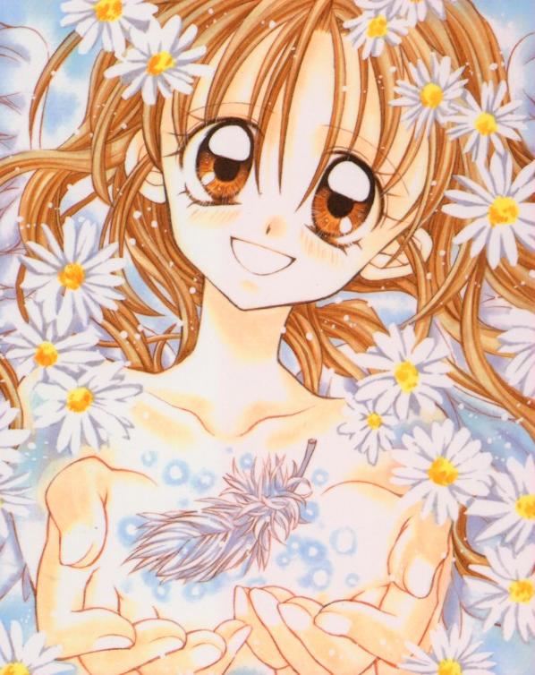 1990s_(style) 1girl brown_eyes brown_hair collarbone cupping_hands daisy feathers flower head_tilt kamikaze_kaitou_jeanne kusakabe_maron light_particles long_hair looking_at_viewer official_art retro_artstyle scan smile solo tanemura_arina upper_body white_wings wings