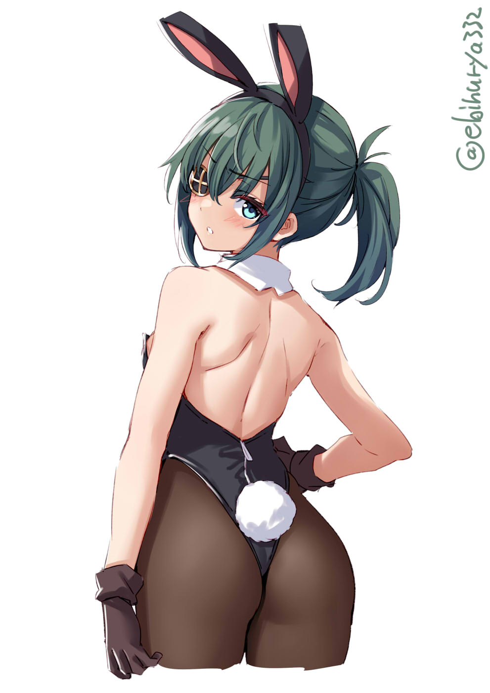 1girl alternate_costume animal_ears ass back black_gloves black_legwear black_leotard blue_hair blush bow bowtie breasts bunny_girl bunny_tail cowboy_shot detached_collar ebifurya eyebrows_visible_through_hair eyepatch fake_animal_ears fake_tail gloves green_eyes hair_between_eyes highres kantai_collection kiso_(kancolle) leotard looking_at_viewer pantyhose playboy_bunny rabbit_ears short_hair side-tie_leotard simple_background small_breasts solo strapless strapless_leotard tail twitter_username white_background wing_collar wrist_cuffs
