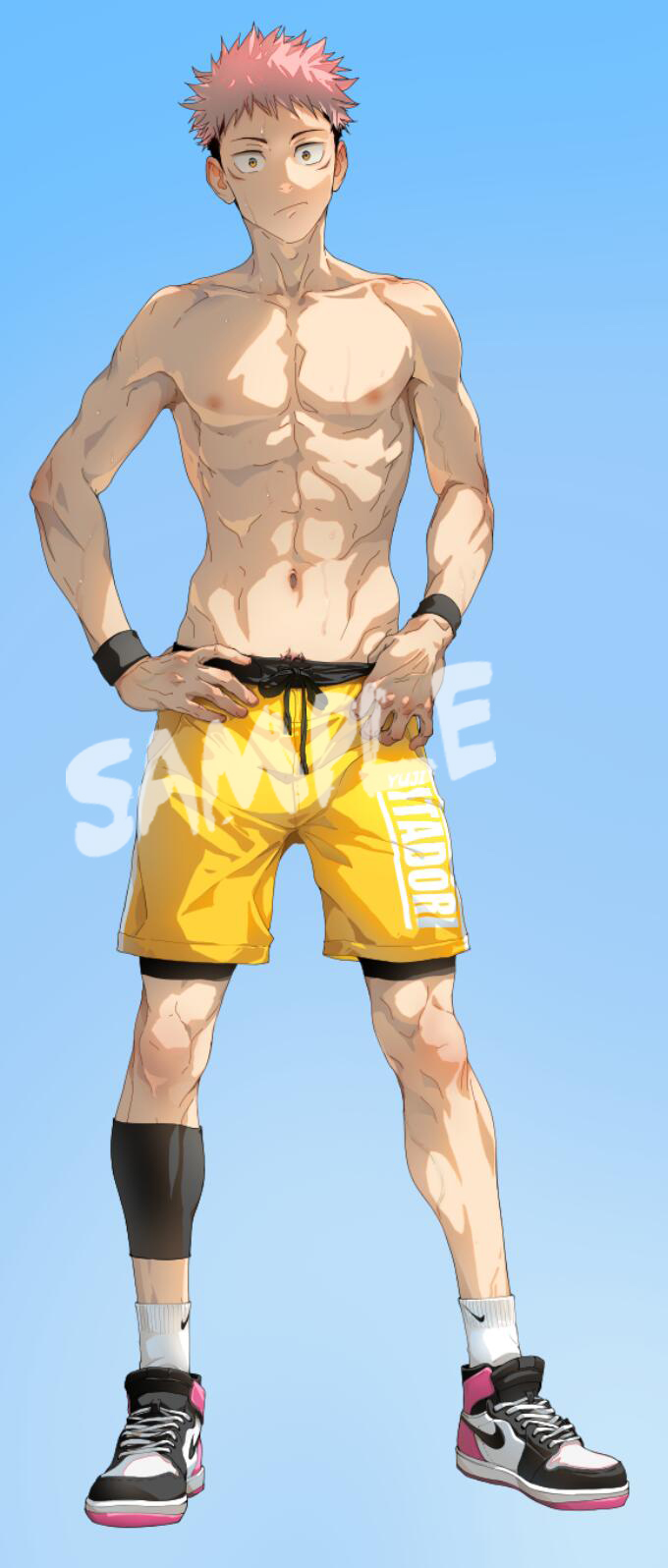 1boy :/ abs alternate_costume bare_pecs beitemian brown_eyes brown_hair full_body gradient gradient_background groin hand_on_hip highres itadori_yuuji jujutsu_kaisen male_focus male_swimwear multicolored_hair navel nipples pectorals pink_hair red_eyes sample short_hair shorts solo spiky_hair swim_trunks swimwear toned toned_male two-tone_hair undercut wet yellow_shorts