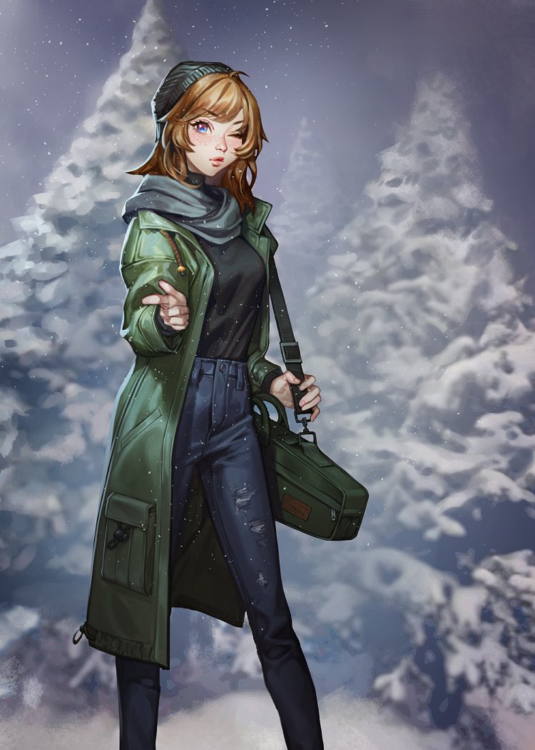 1girl beanie blue_eyes blue_pants borrowed_character breasts brooke_(mathias_leth) brown_hair coat denim english_commentary feet_out_of_frame finger_gun fingernails freckles green_coat grey_scarf guitar_case hat instrument_case jeans lips long_coat looking_at_viewer medium_hair noa_ikeda nose one_eye_closed original pants pointing pointing_at_viewer scarf small_breasts snow solo standing torn_clothes torn_jeans torn_pants turtleneck winter