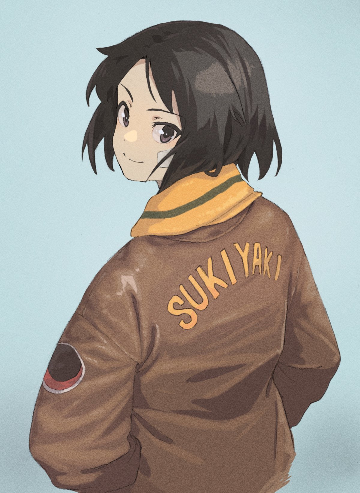 1girl bandaid bandaid_on_face black_eyes black_hair blue_background brave_witches brown_jacket closed_mouth commentary from_behind highres jacket kanno_naoe leather leather_jacket looking_back shiratama_(hockey) short_hair simple_background solo upper_body world_witches_series