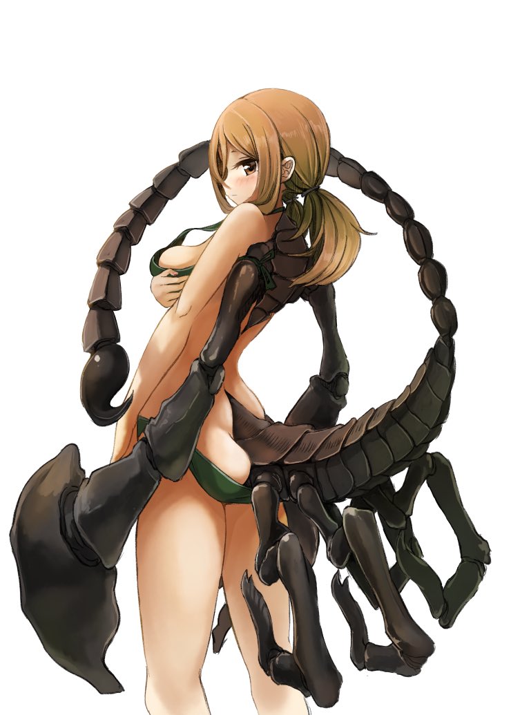 159cm 1girl arthropod_legs ass bikini blush brown_eyes brown_hair closed_mouth covering covering_breasts from_behind green_bikini looking_at_viewer looking_back low_twintails monster_girl original pincers scorpion_girl scorpion_tail simple_background solo standing swimsuit tail twintails white_background