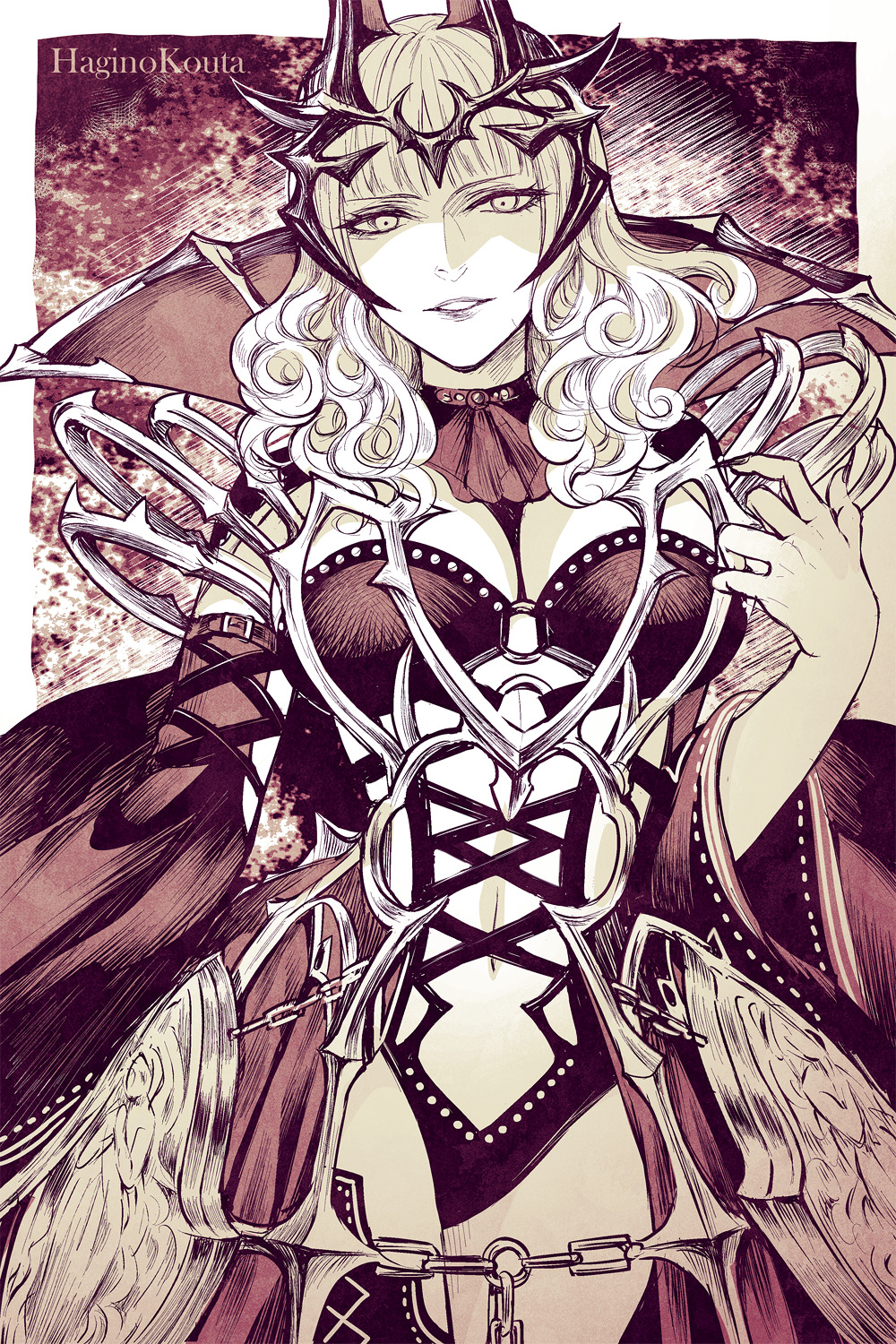 1girl carmilla_(fate) collar cowboy_shot crosshatching curly_hair detached_sleeves fate/grand_order fate_(series) hagino_kouta hatching_(texture) headdress highres long_hair looking_at_viewer monochrome solo tagme