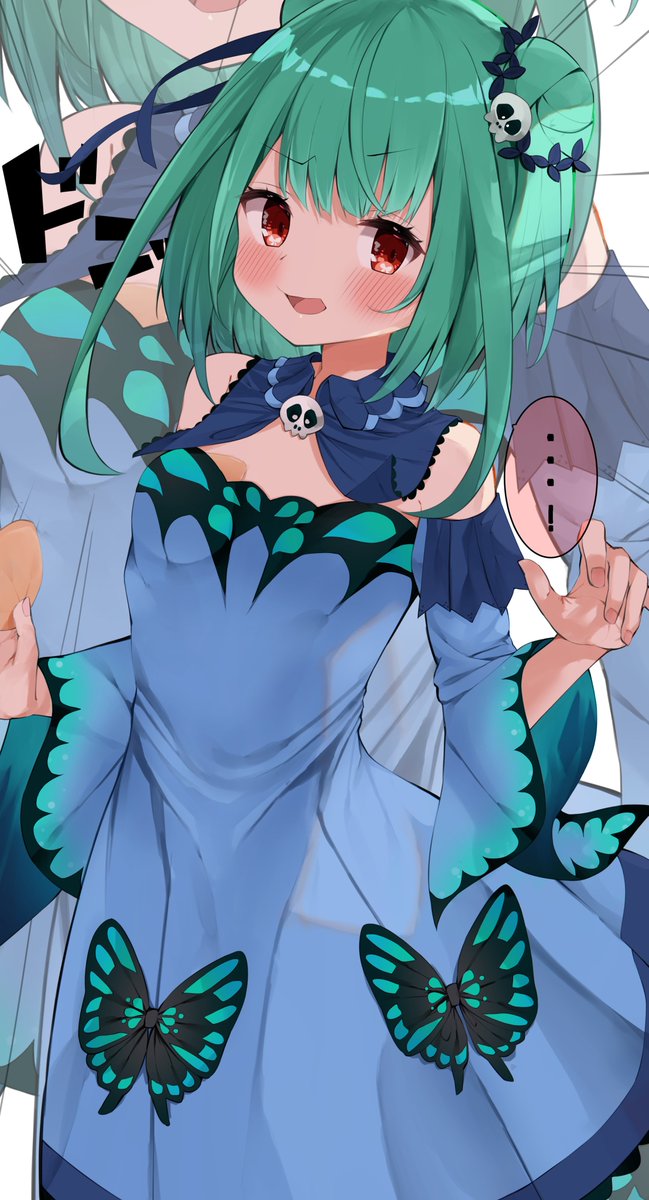 1girl bangs bare_shoulders blush breasts bug butterfly detached_sleeves double_bun dress eureka_814 eyebrows_visible_through_hair green_hair hair_ornament highres hololive insect jewelry looking_at_viewer open_mouth red_eyes short_hair skull_hair_ornament solo uruha_rushia virtual_youtuber